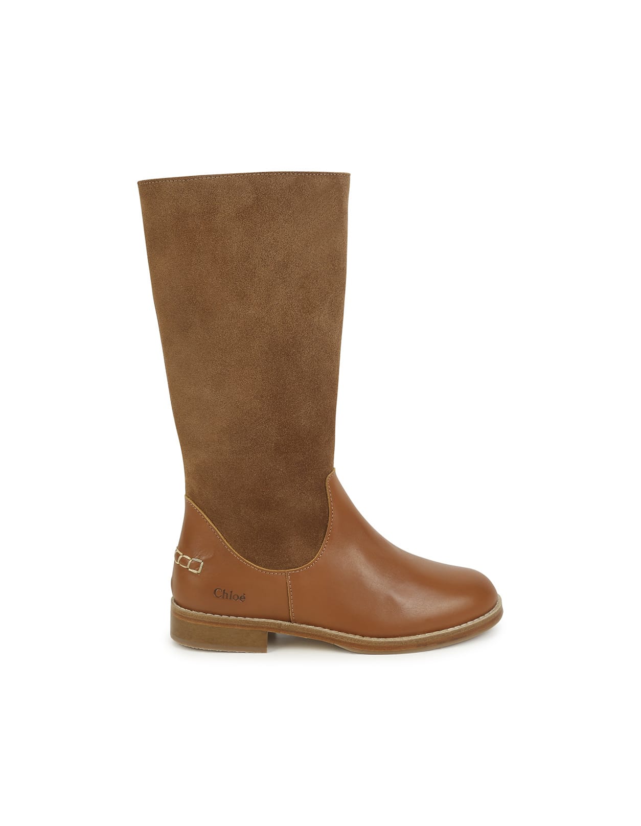 CHLOÉ TAN LEATHER AND SUEDE BOOT WITH LOGO
