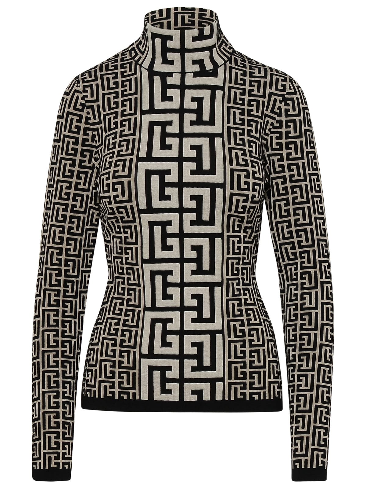 Shop Balmain Monogram Two-tone Wool Turtleneck Sweater In Avorio
