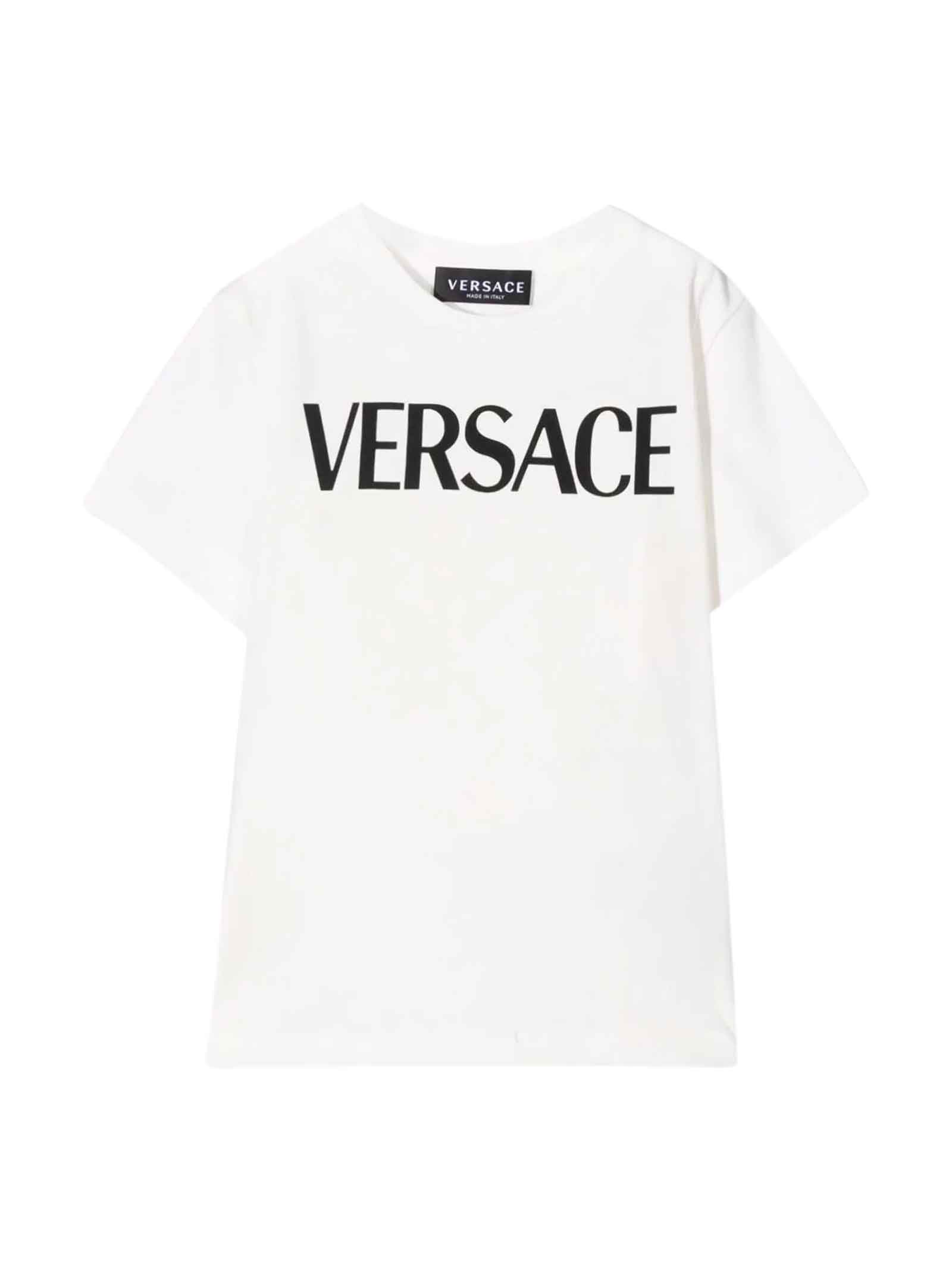 Versace White T-shirt With Multicolor Print And Black Logo Kids