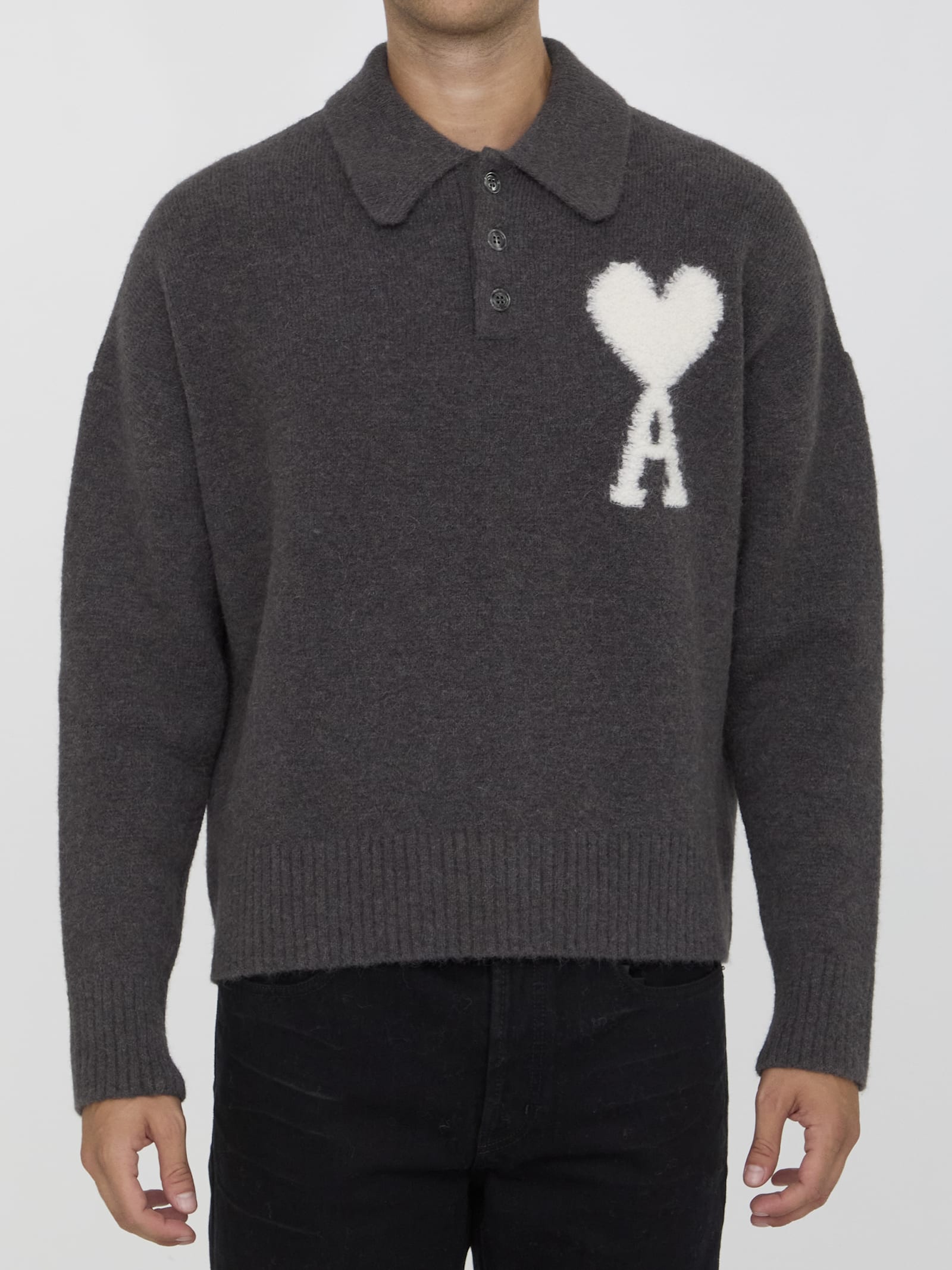 Shop Ami Alexandre Mattiussi Ami De Coeur Polo Sweater In Grey