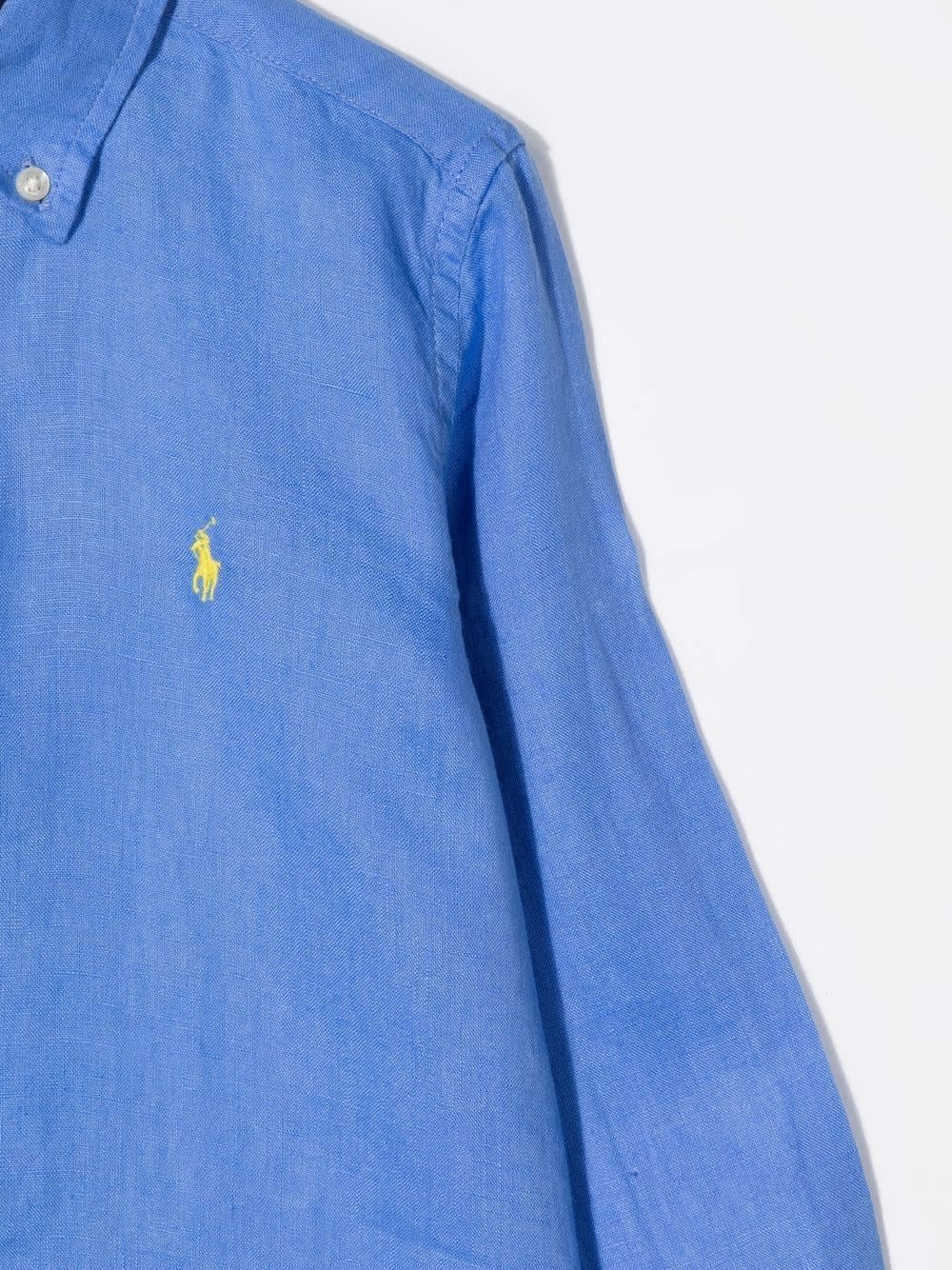 Shop Ralph Lauren Blue Linen Shirt With Embroidered Pony