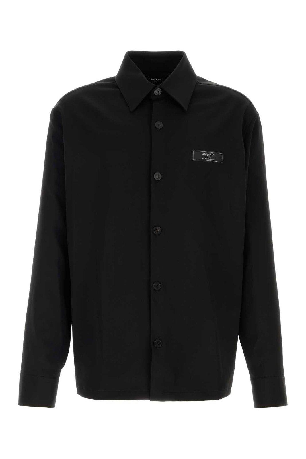 Shop Balmain Logo Patch Buttoned Shirt In Nero