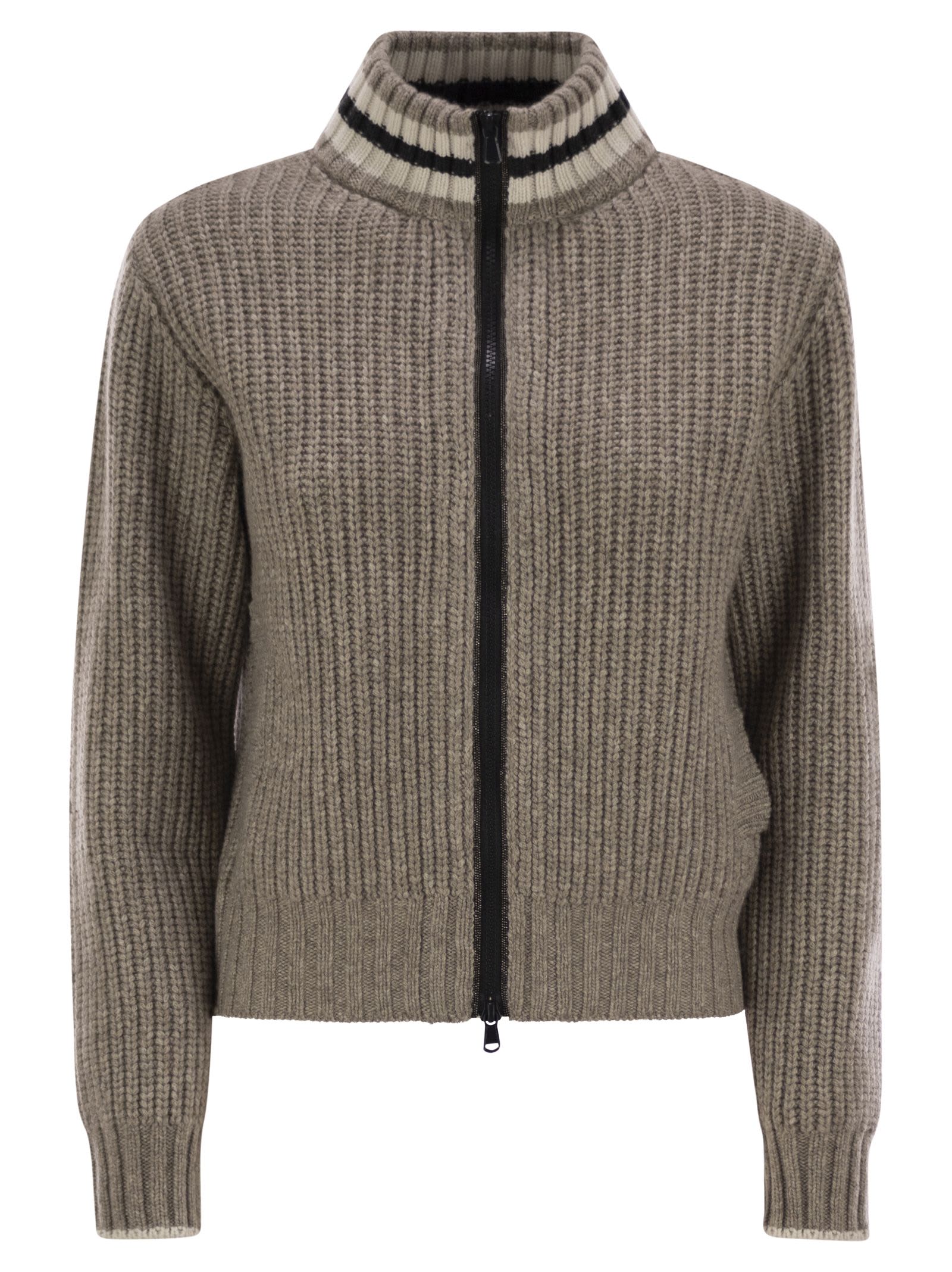 Brunello Cucinelli Cashmere Feather Yarn English Rib Knit Cardigan With Shiny Trims In Turtledove