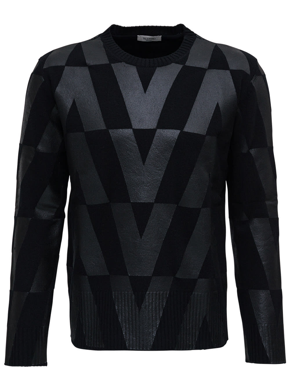 Valentino Black Wool Crew Neck Sweater With Macro Optical Print