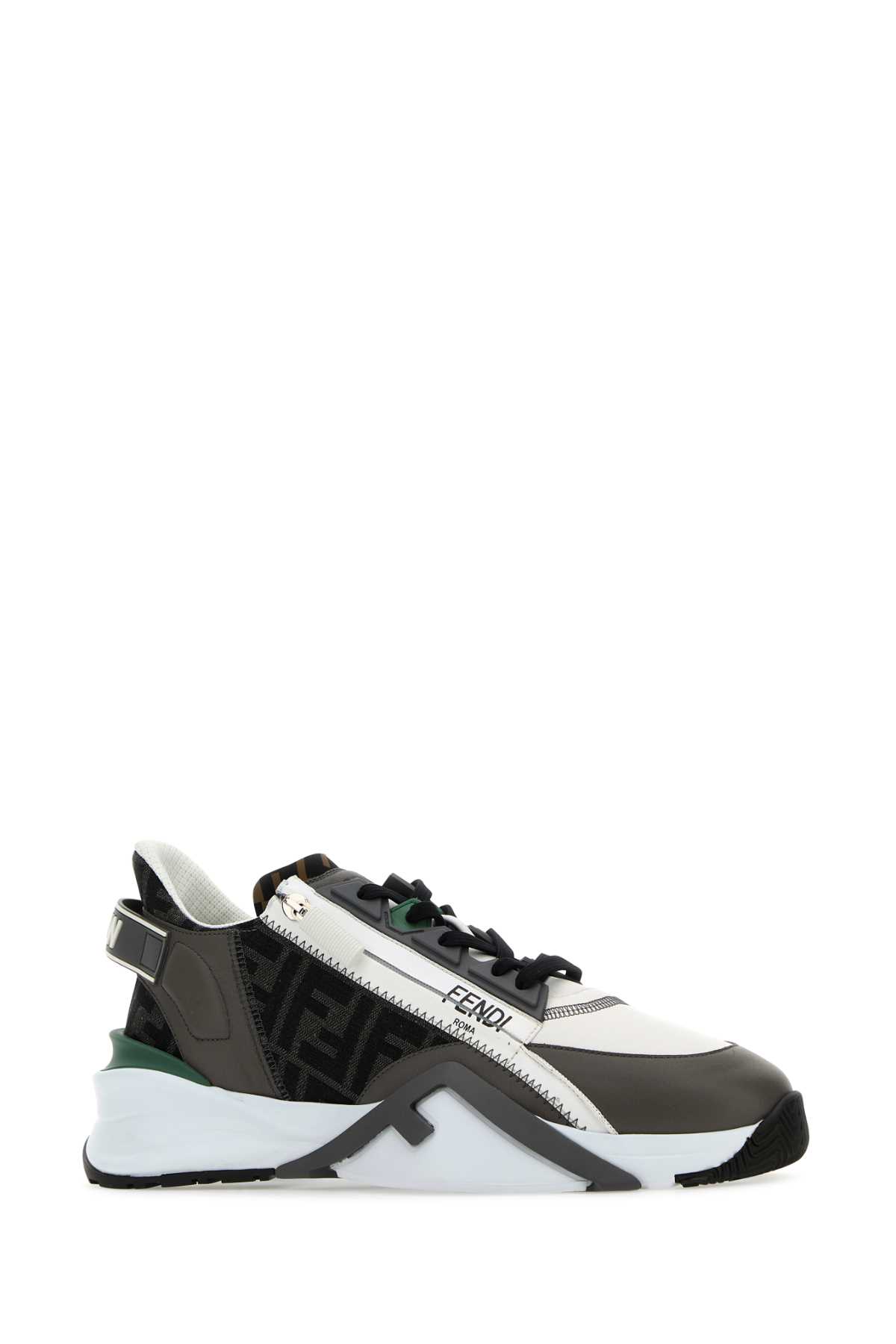 Shop Fendi Multicolor Leather And Fabric Flow Sneakers In Blackwhitegreen