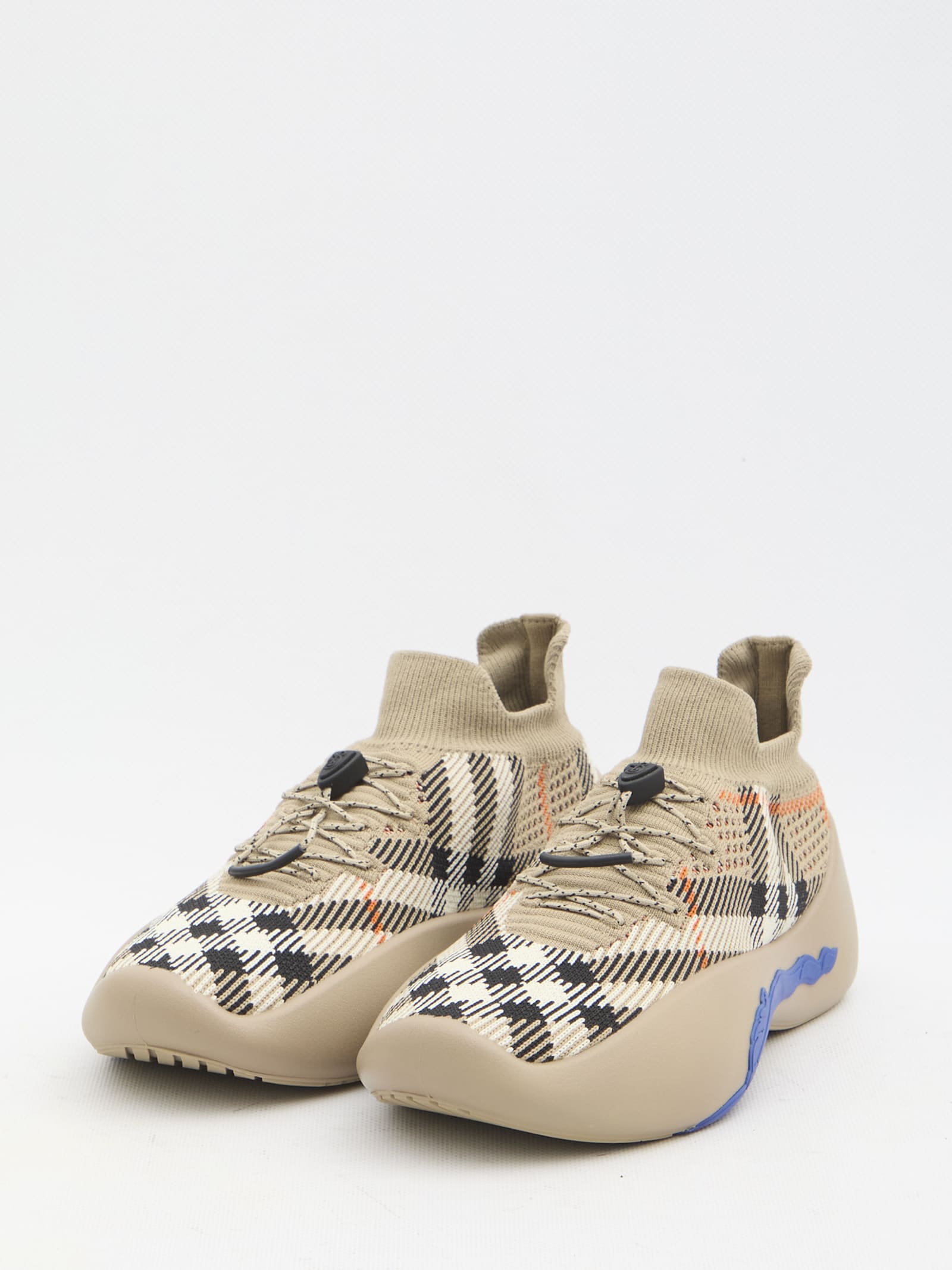 Shop Burberry Check Knit Neptune Sneakers In Beige