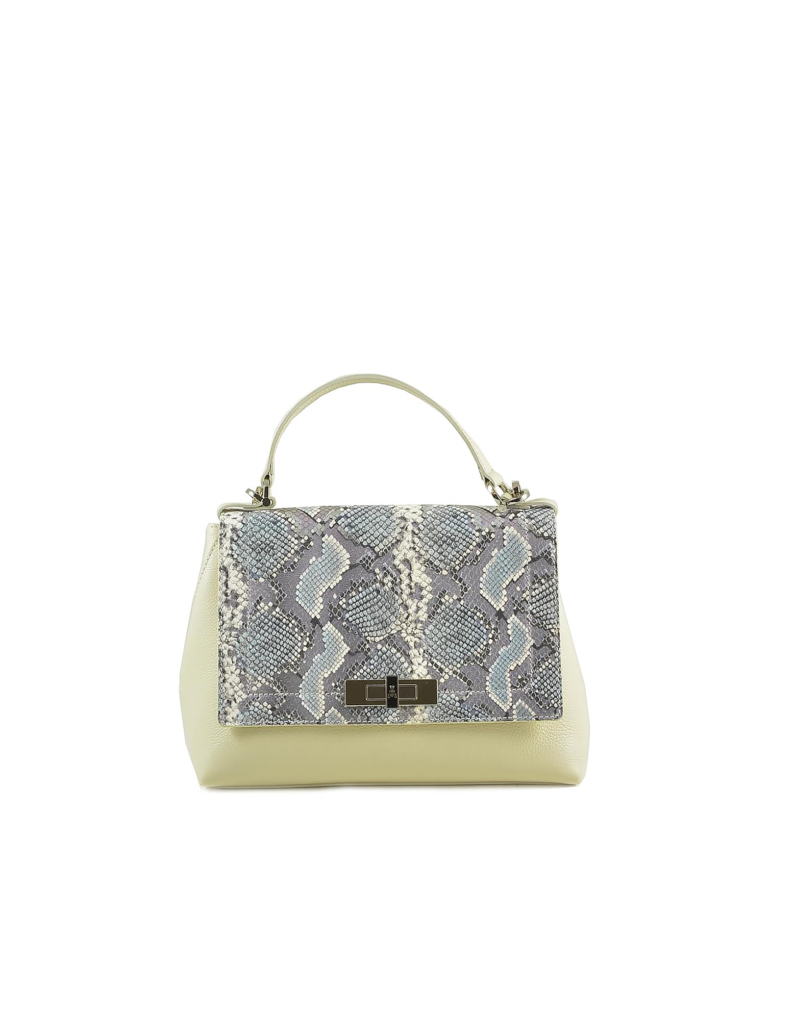 Patrizia Pepe Cream With Python Embossed Leather Flap Front Top Handle Satchel Bag