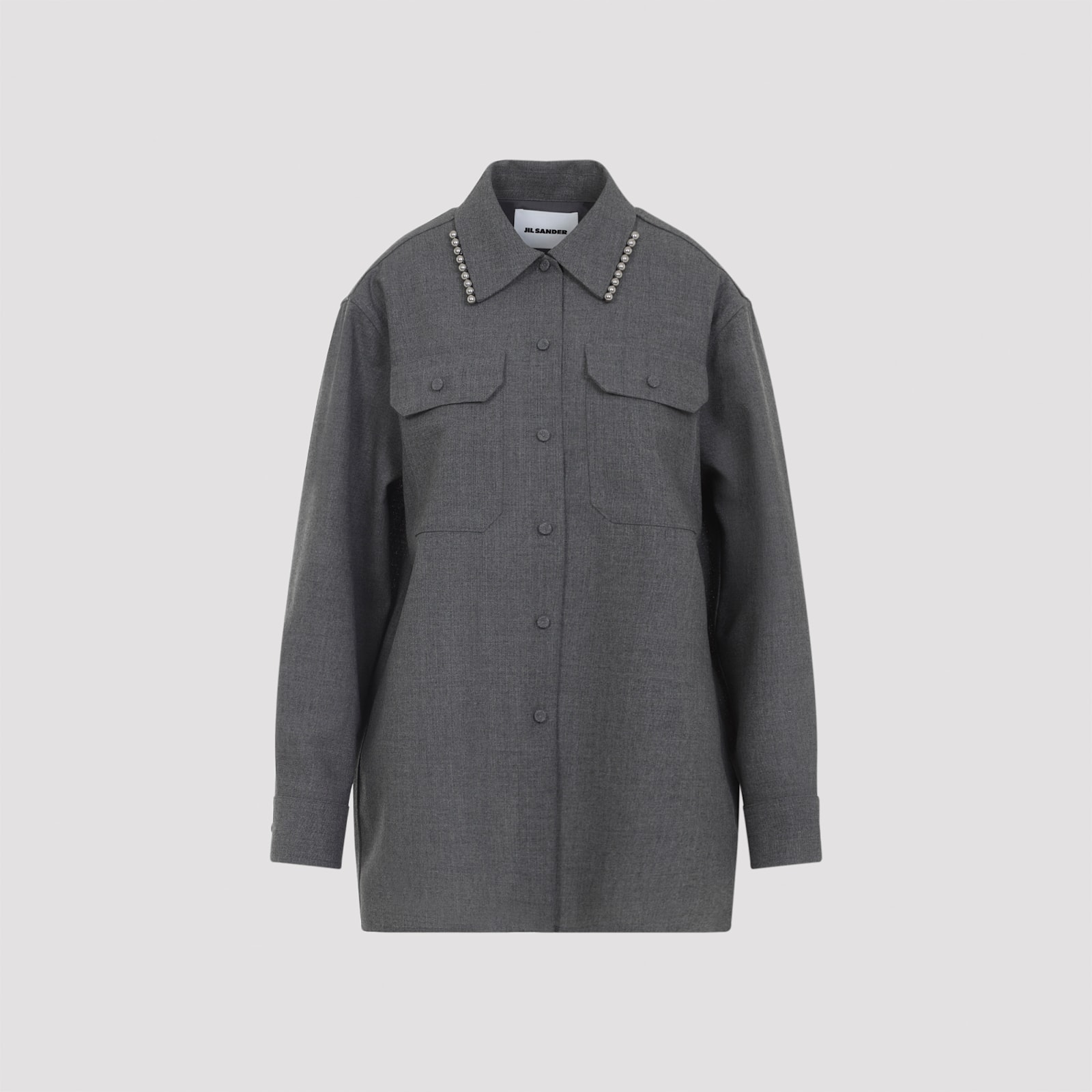 Jil Sander Relaxed Fit Grey Wool Shirt With Pearl Trim And Flap Pockets In Gray