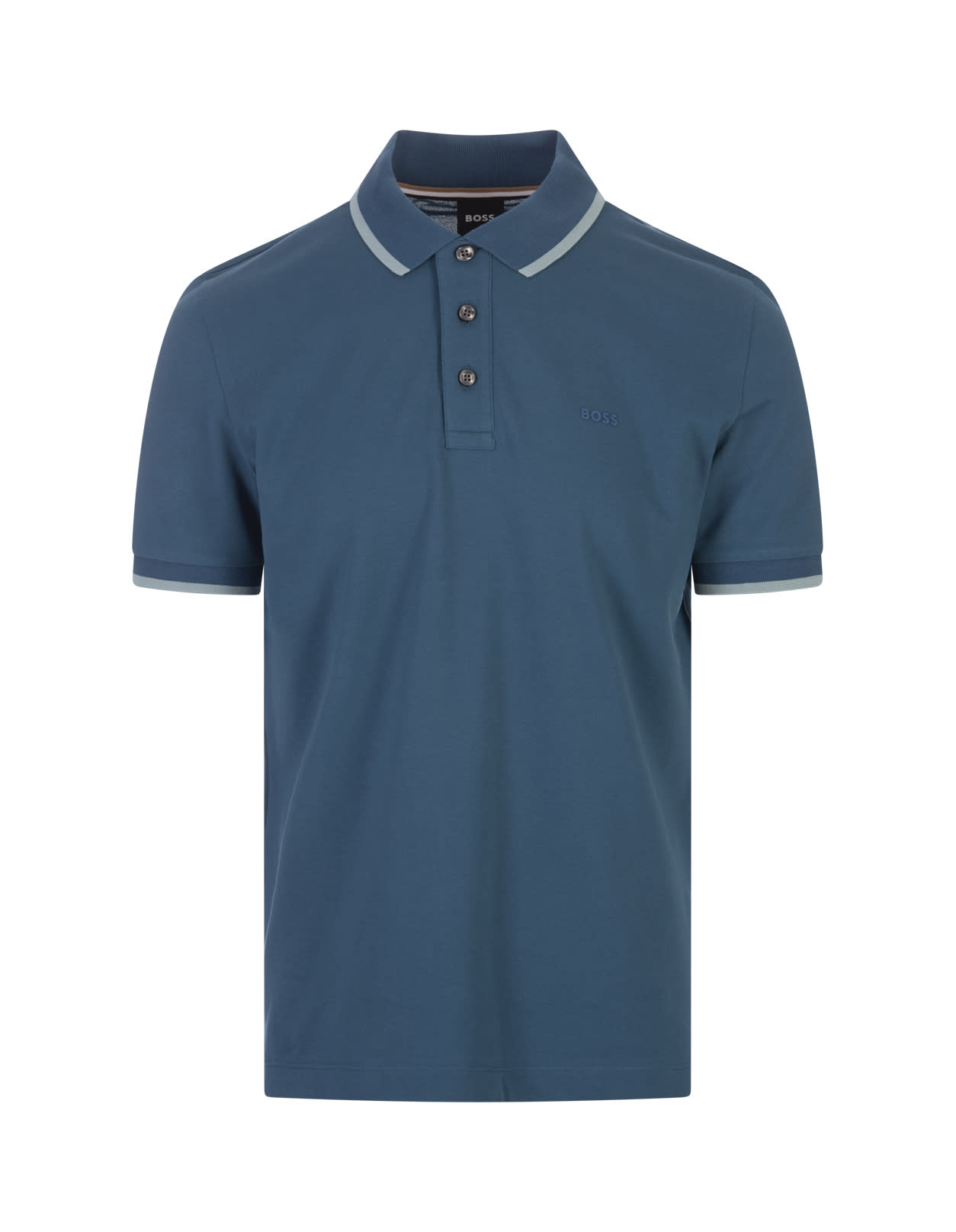 Shop Hugo Boss Avio Blue Slim Fit Polo Shirt With Striped Collar
