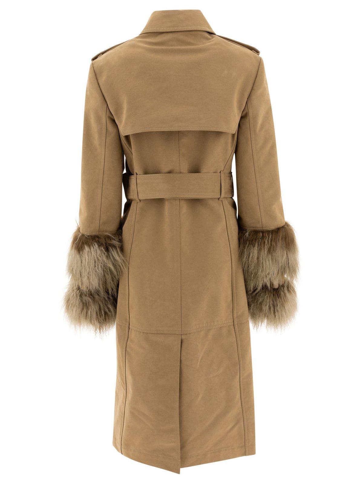 Burberry Long Trench Coat With Shearling Cuffs In Mountain