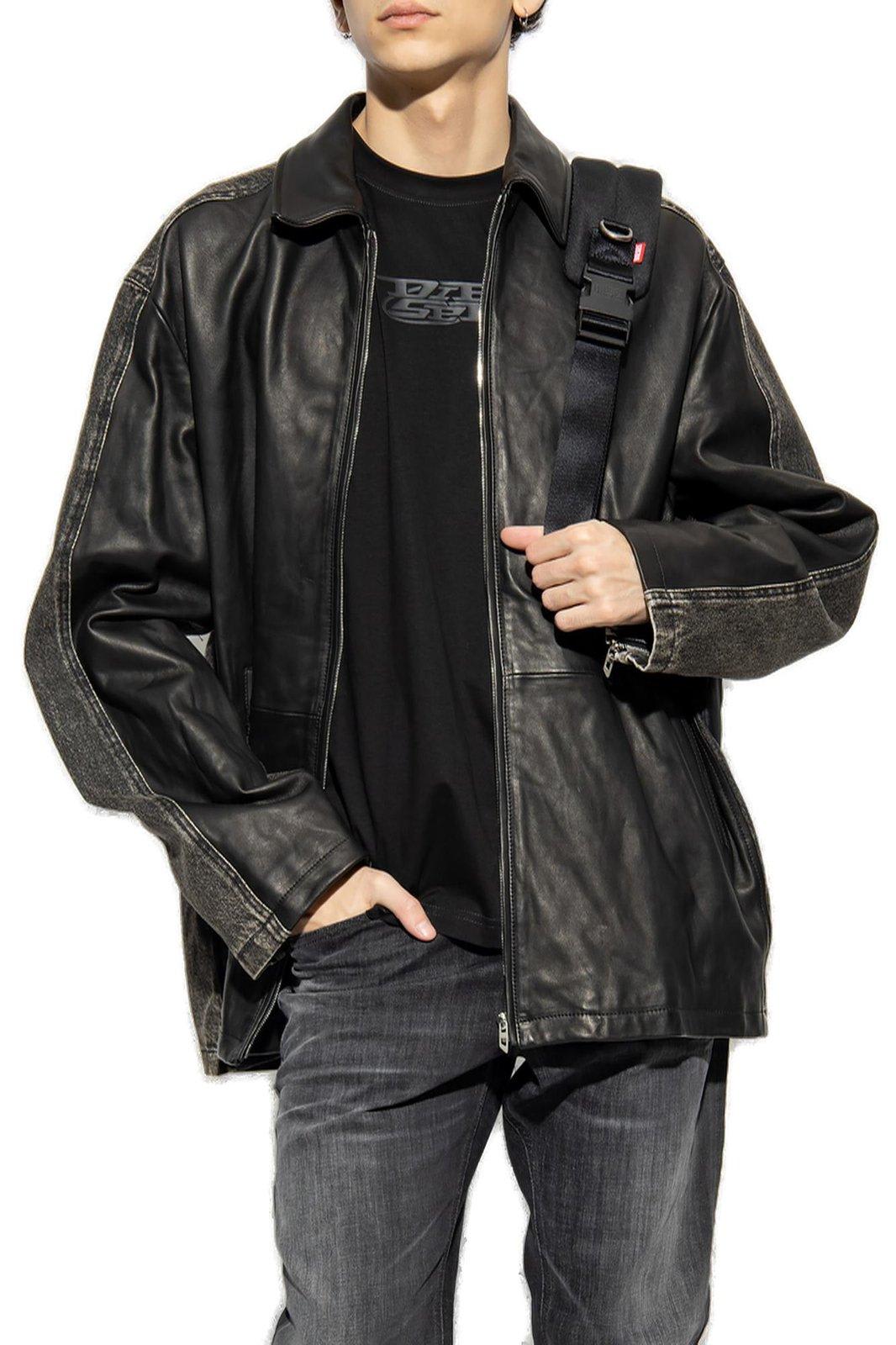 Shop Diesel L-stoller Leather Jacket In Nero Grigio