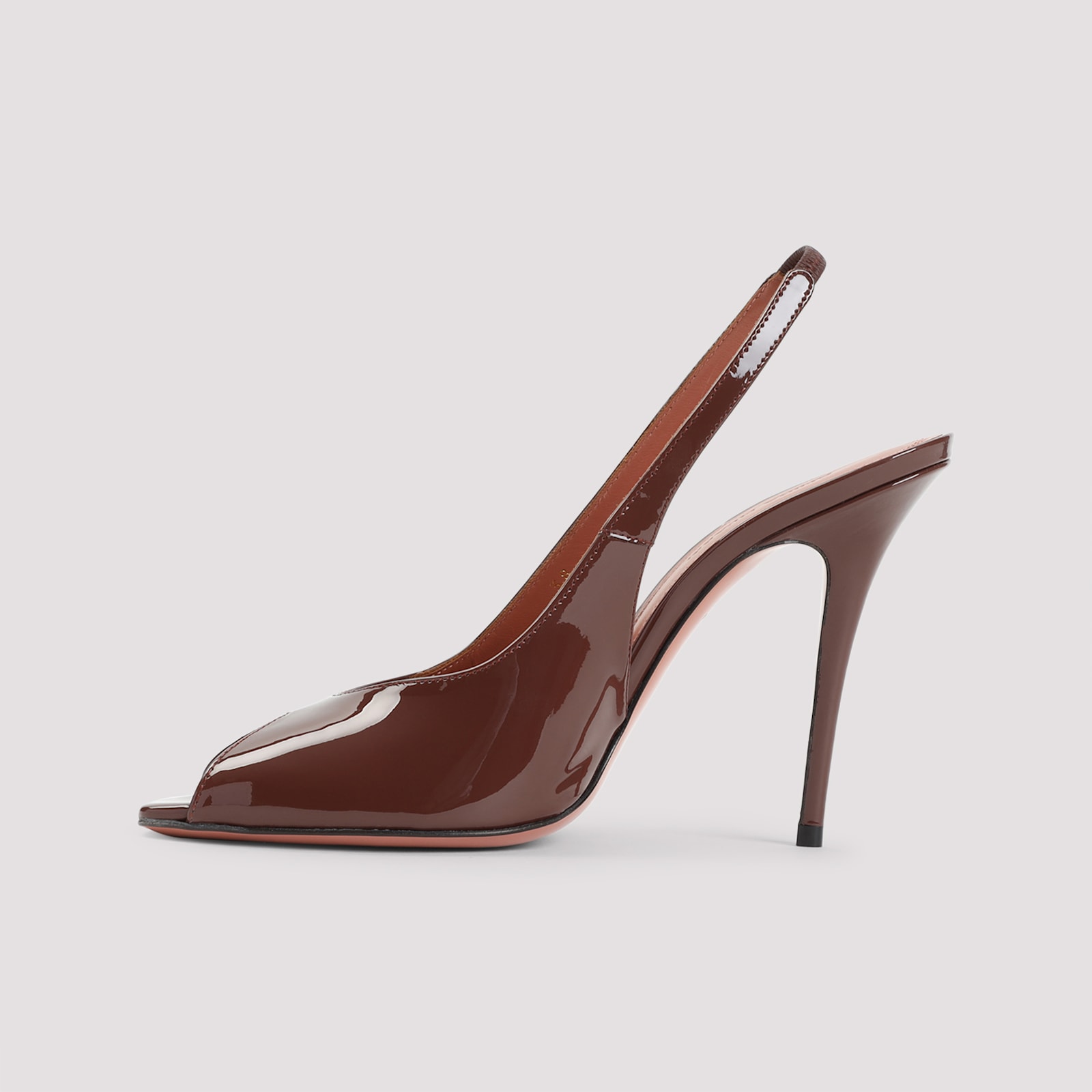 Amina Muaddi Open-toe Brown Patent Leather Stiletto Pumps In Chocolate