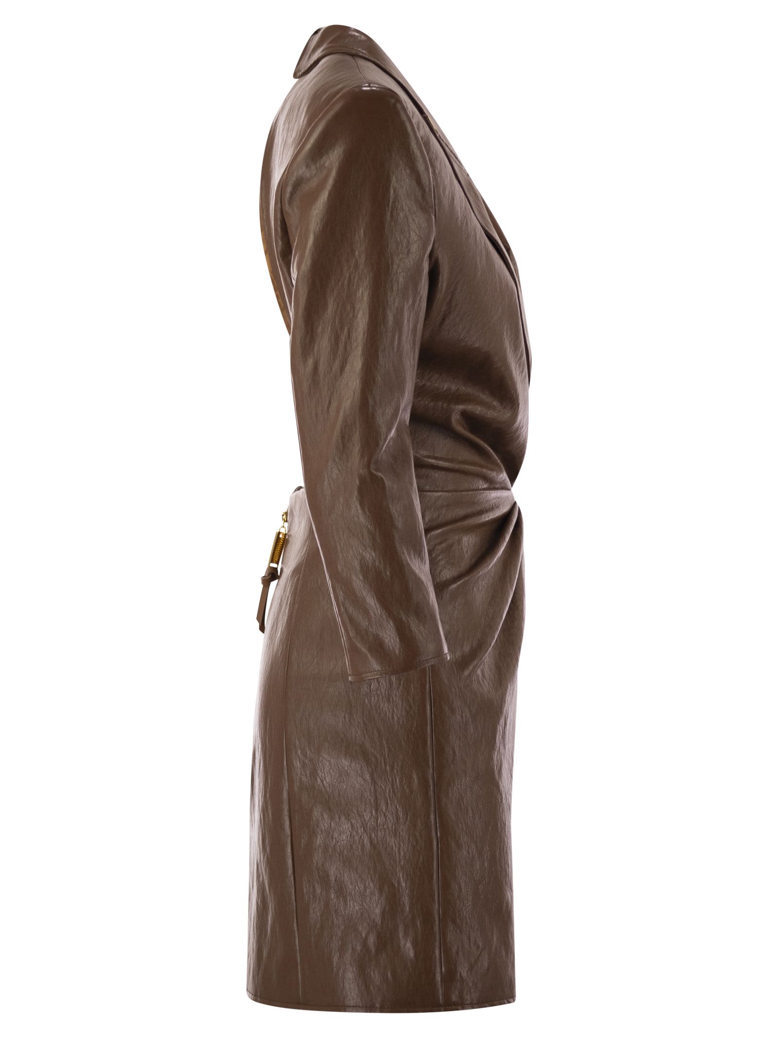 Elisabetta Franchi Crackled Leather-effect Dress With Lapels In Brown