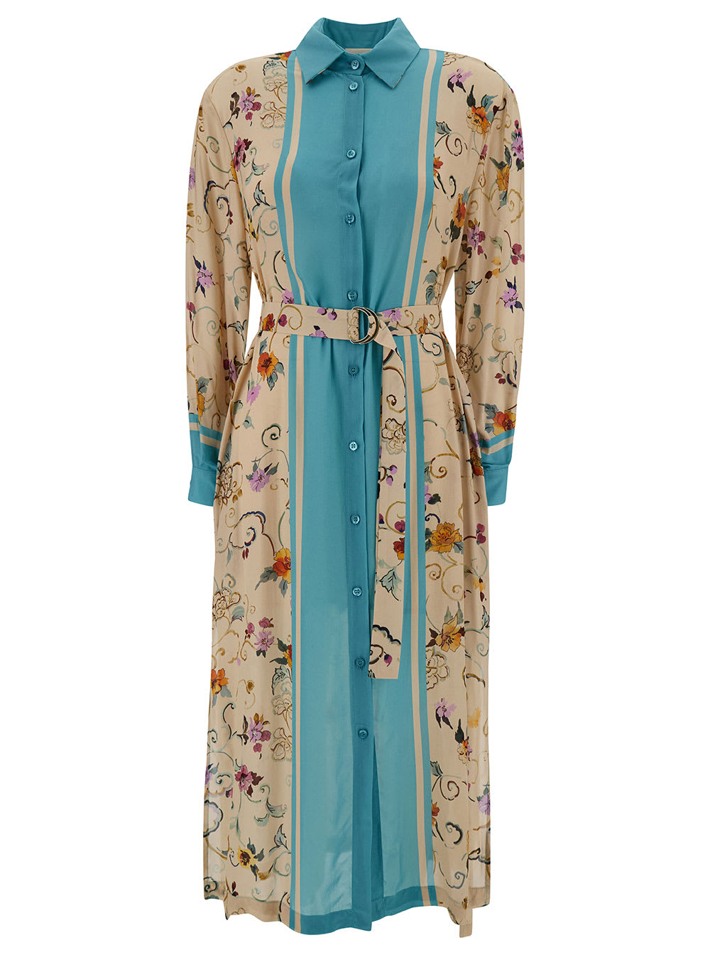 Shop Semicouture Long Beige And Light Blue Chemisier Dress With Floreal Print And Belt In Viscose Woman