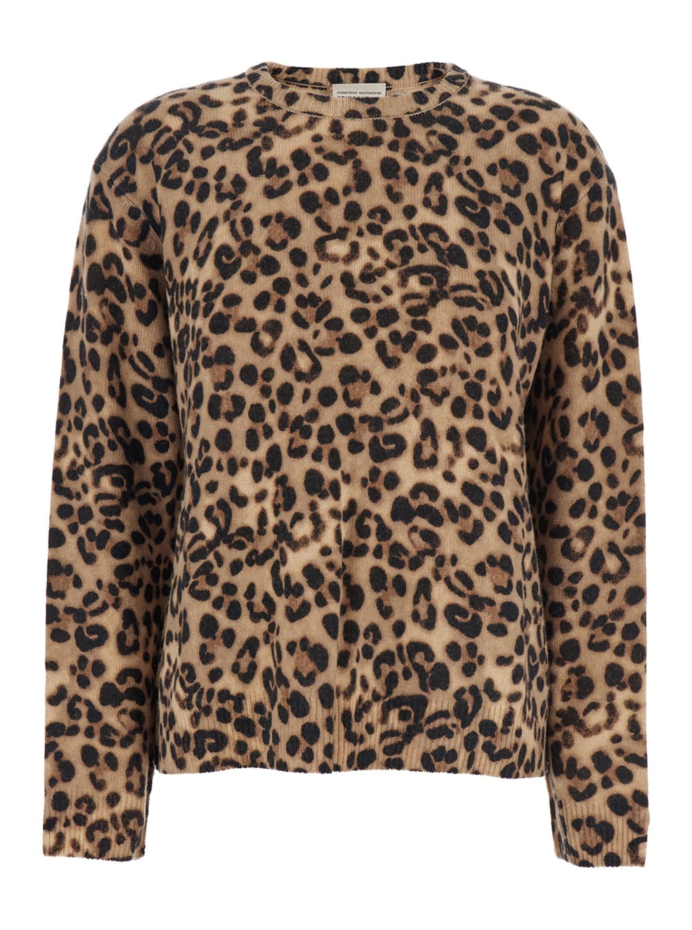 Semicouture Brown Crewneck Sweater With All-over Leopard Motif In Wool And Cashmere Woman In Animal Print