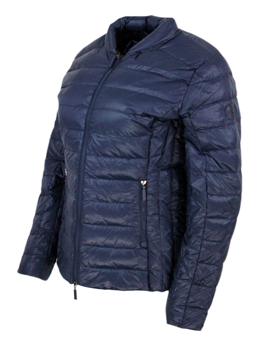 Shop Armani Collezioni Lightweight 100 Gram Slim Down Jacket With Integrated Concealed Hood And Zip Closure In Blu