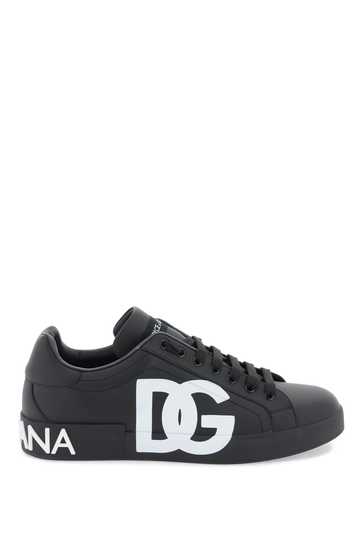 Shop Dolce & Gabbana Leather Portofino Sneakers With Dg Logo In Nero/nero (black)