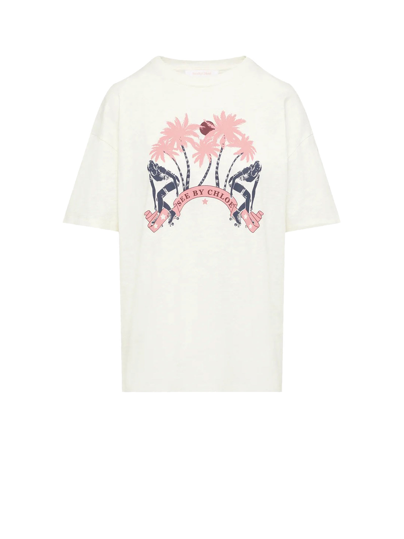 SEE BY CHLOÉ T-SHIRT WITH PALM TREE AND LOGO PRINT