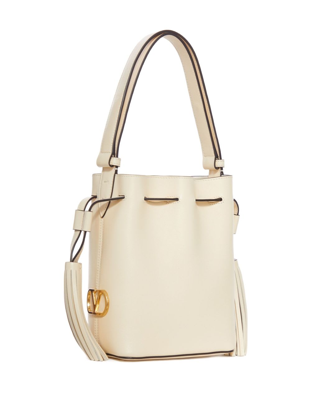 Valentino Cream V-logo Tassel Leather Bucket Bag In White