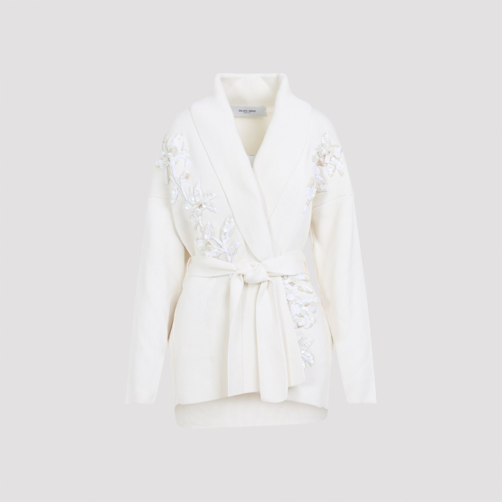 Golden Goose Shawl Collar Cardigan With Floral Embroidery And Self-tie Belt In Neutral