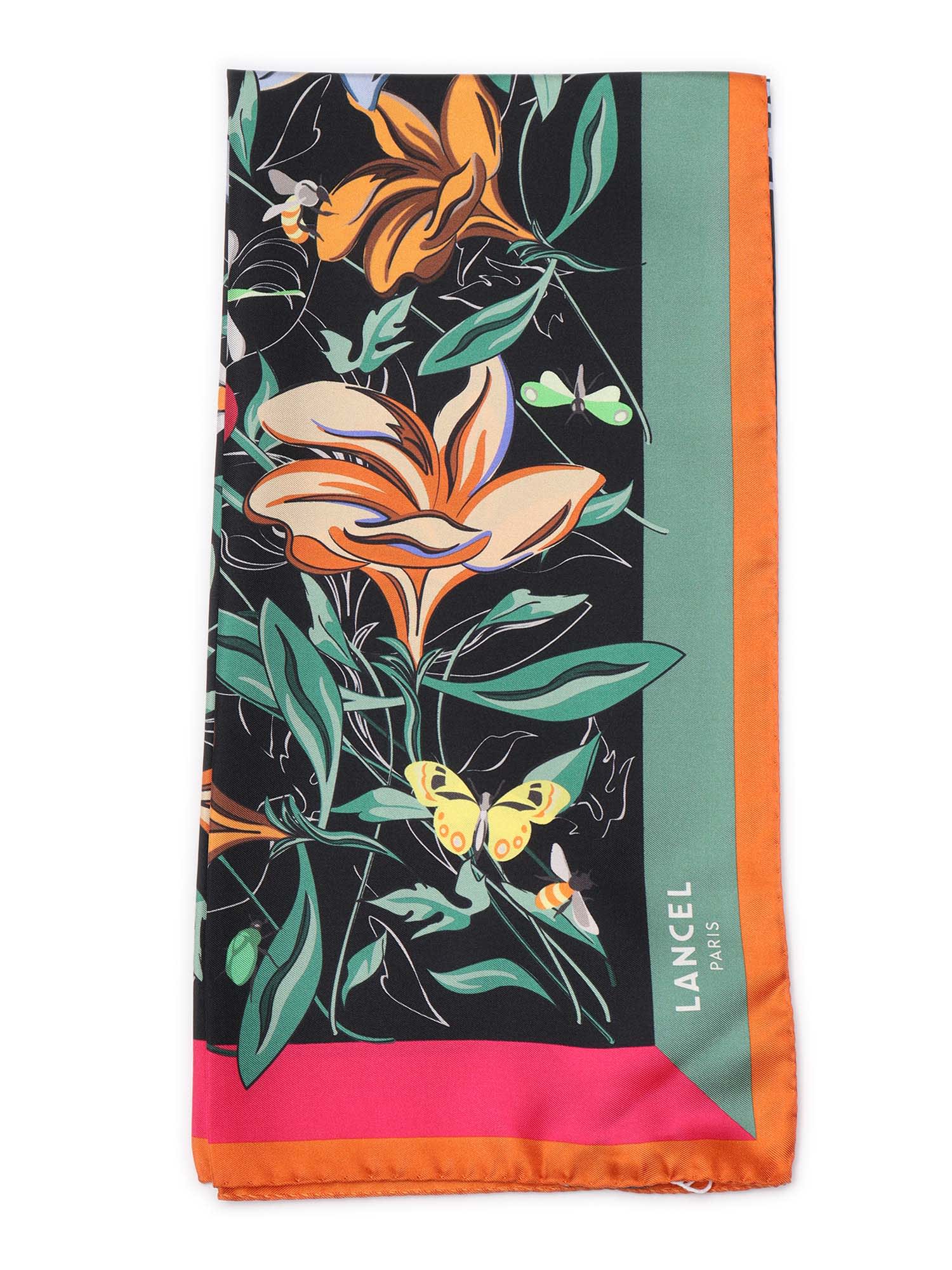 Lancel Silk Square Scarf With Geometric And Floral Design In Multi