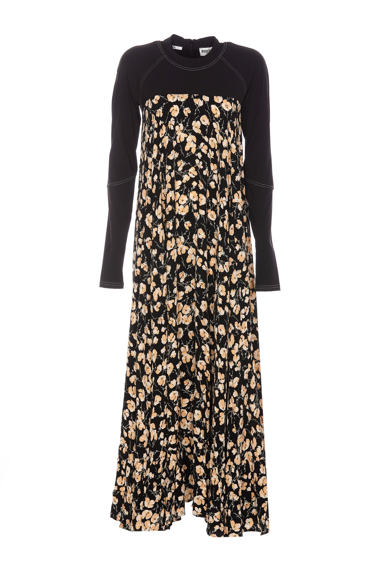 Black Floral-print Maxi-lenght Dress With Jersey Top