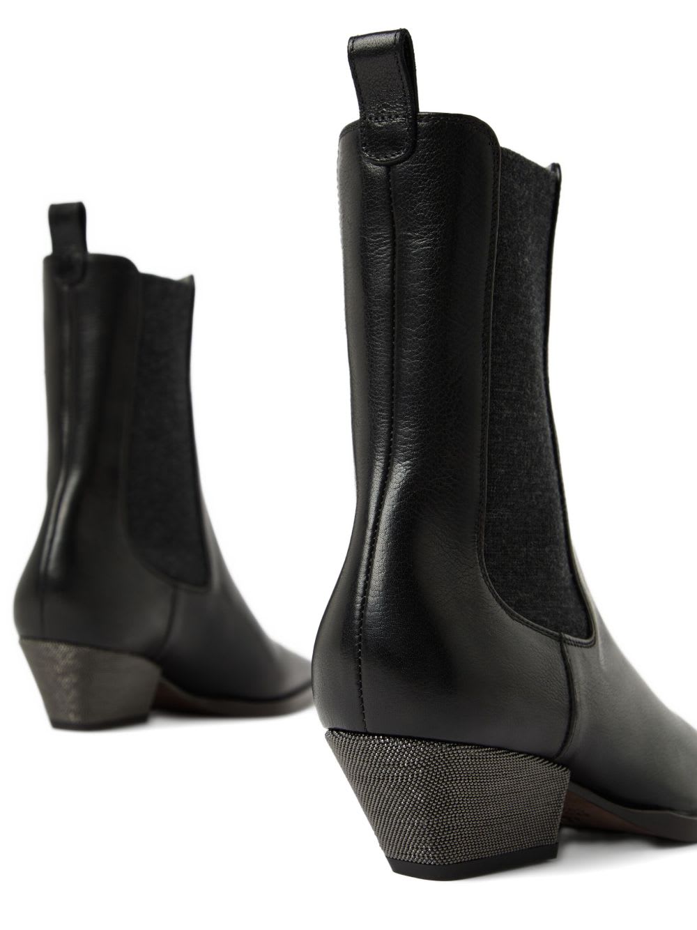 Brunello Cucinelli Leather Ankle Boots Cuban Heel In Black