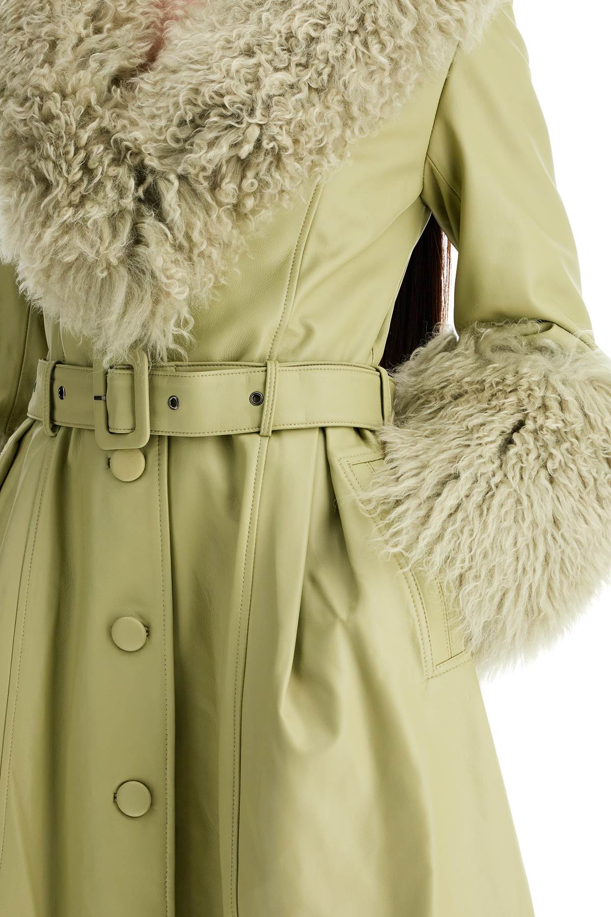 Shop Saks Potts Foxy Leather And Shearling Long Coat In Sage (green)