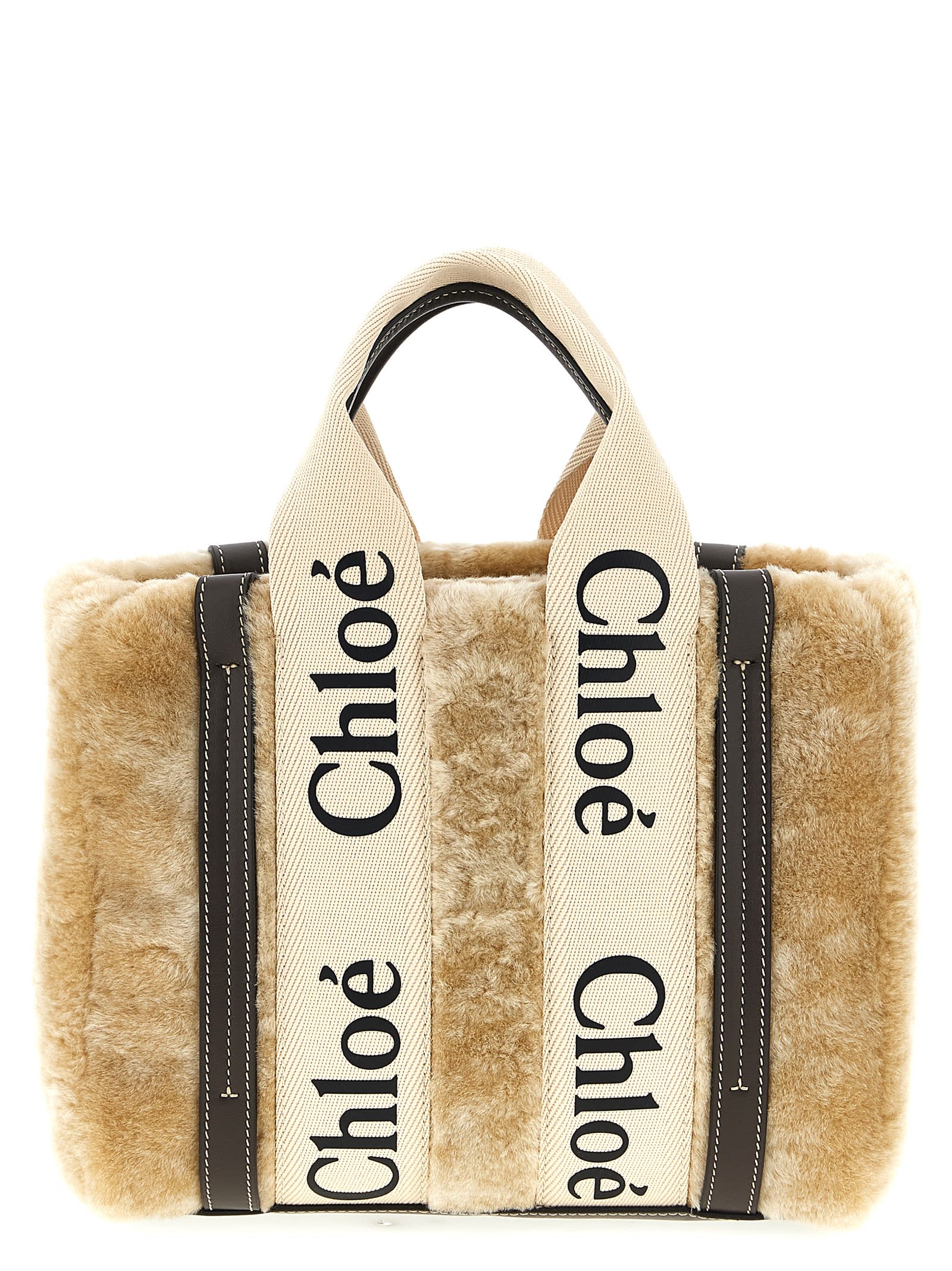 Chloé Small Woody Tote Bag In Shearling In Neutral