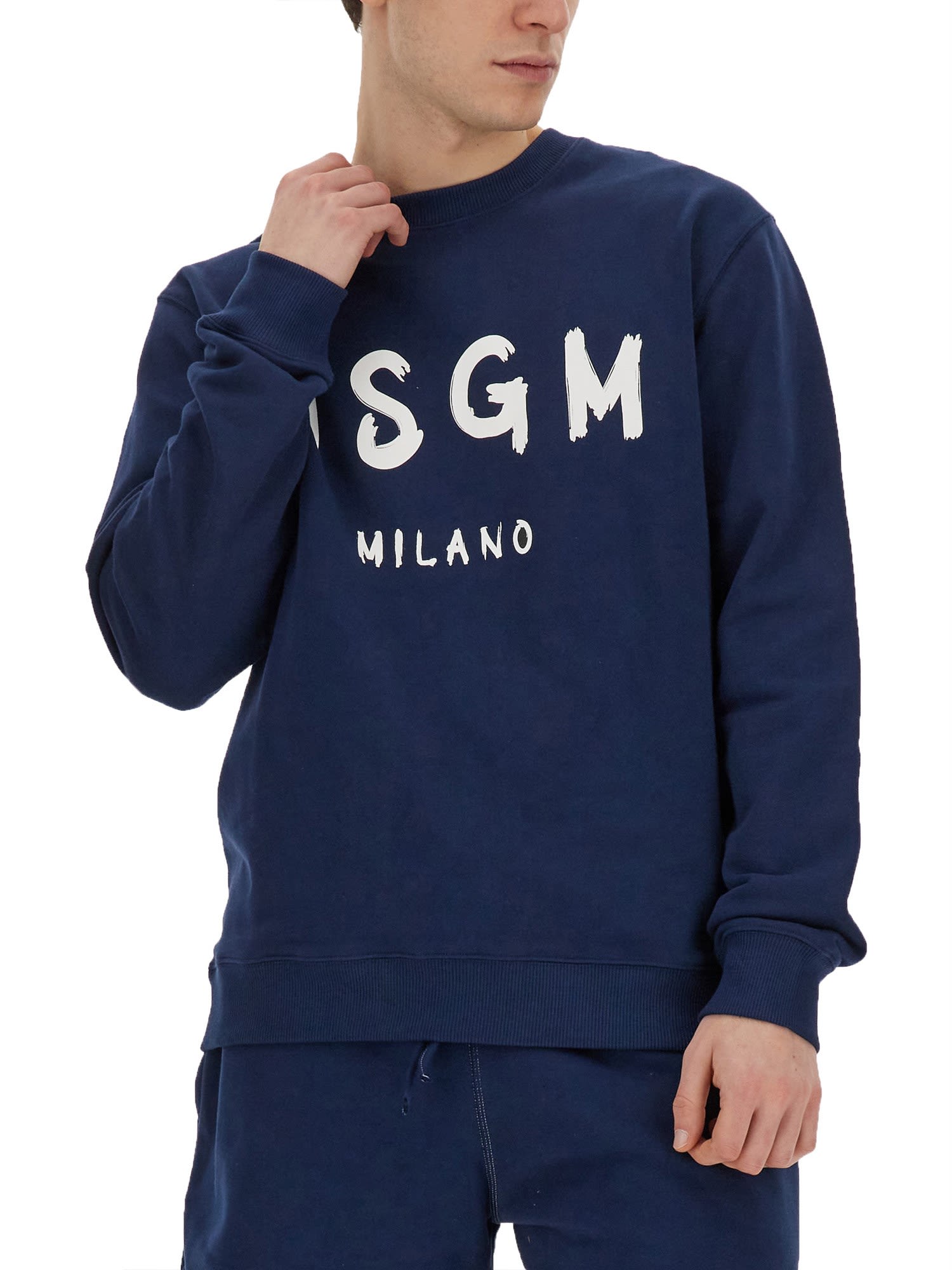 Shop Msgm Sweatshirt With Brushed Logo In Blu Navy