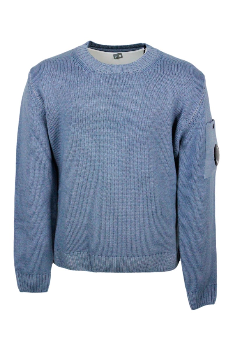 Shop C.p. Company Crewneck Wool Sweater With Logo On The Sleeve In Vanisè Color In Blu