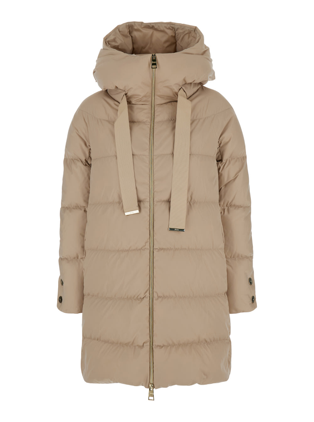 Shop Herno Long Beige Down Jacket With Hood In Satin Woman