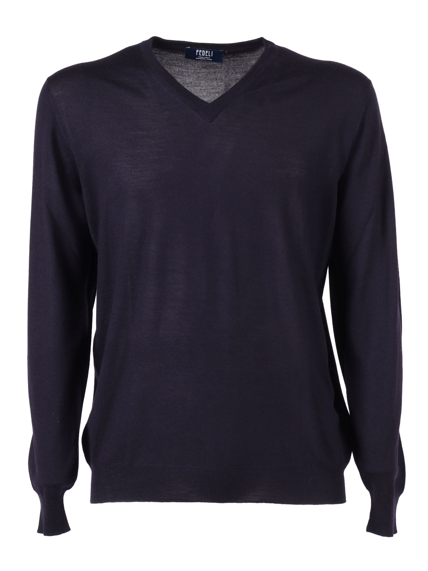 Fedeli V-neck L/s Knitted Sweater Man In Blue