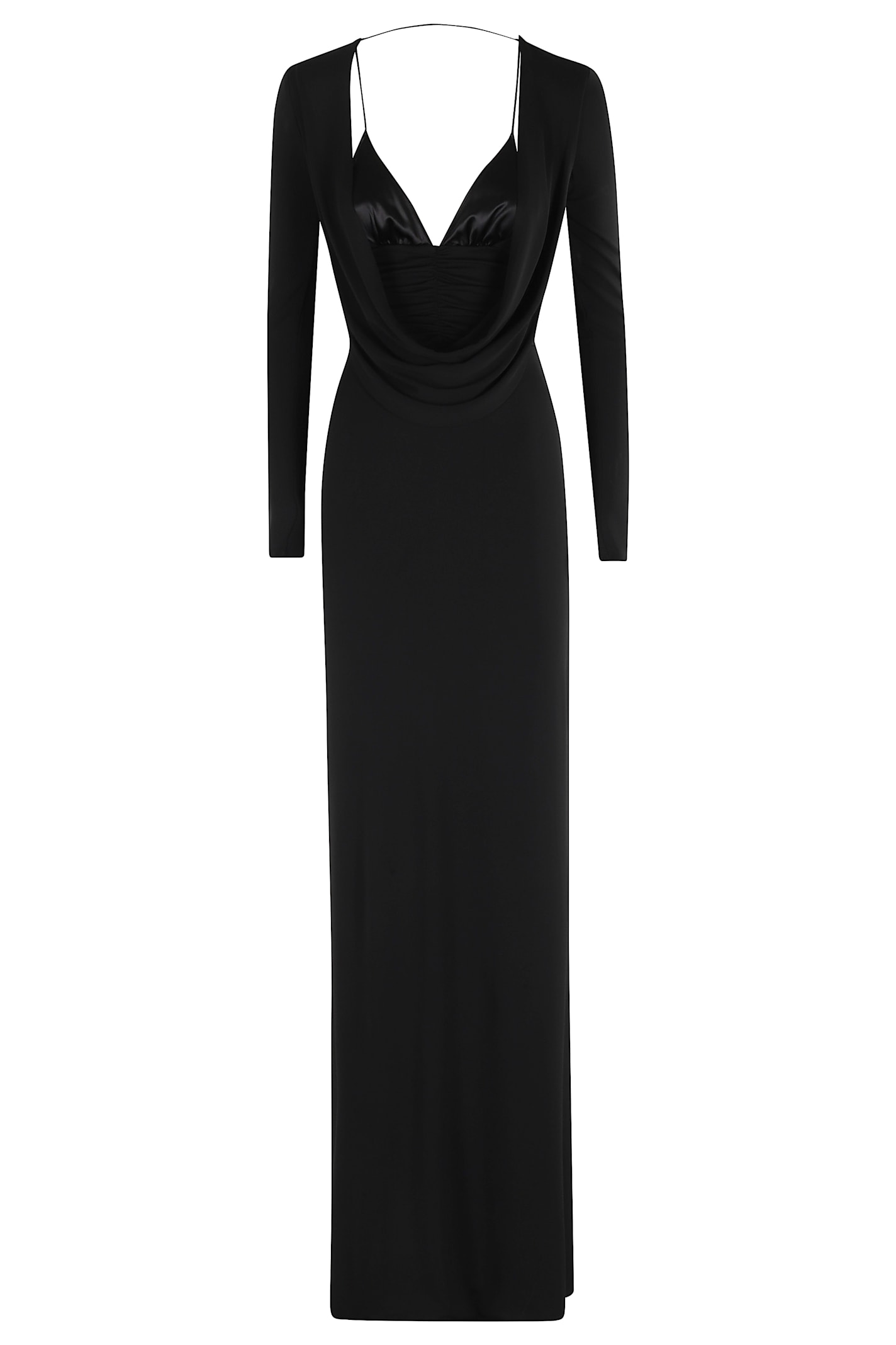Elisabetta Franchi Draped Black Maxi Dress With Deep Neckline In Black