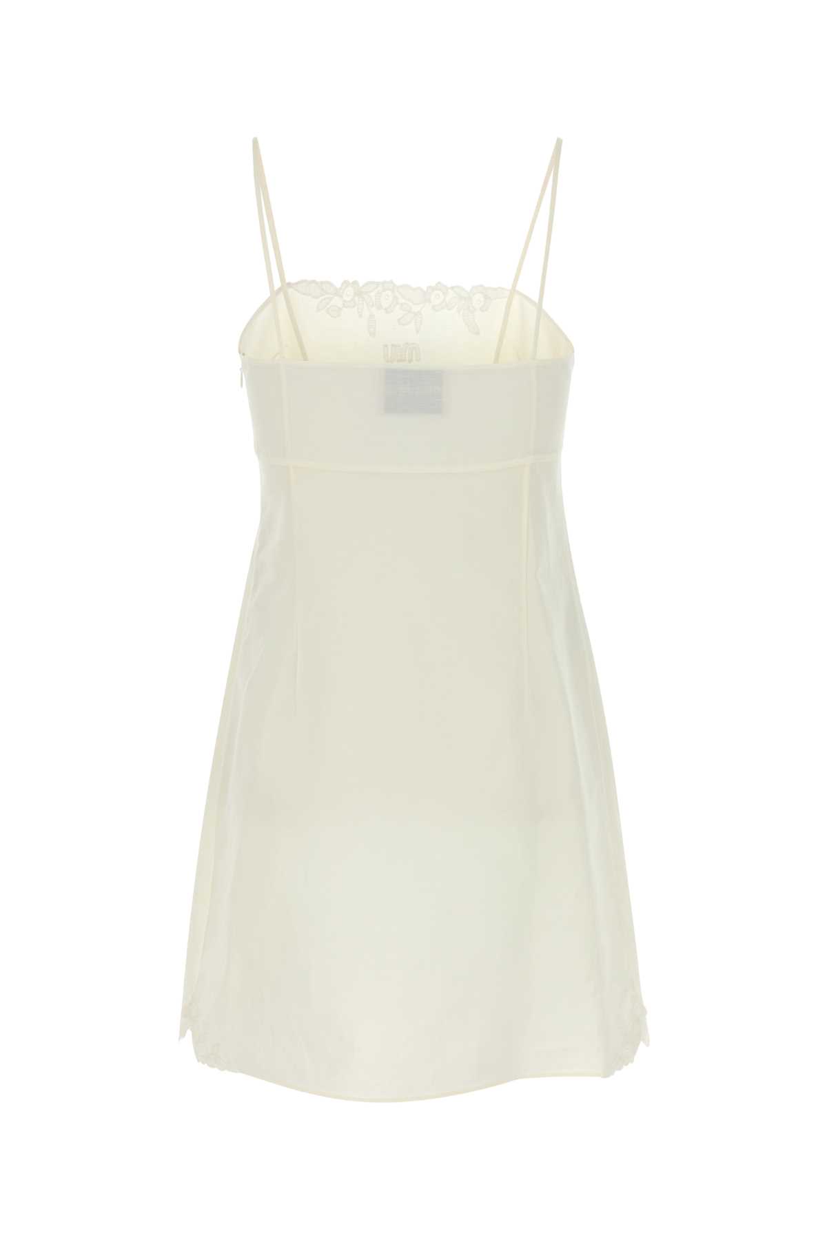 Miu Miu Short Dress In Flamed Canvas With Embroidery In White