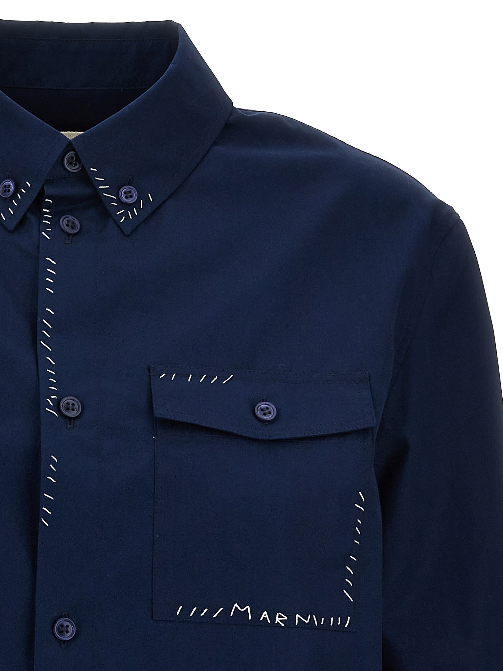 Shop Marni Logo Embroidery Stitching Shirt In Blue