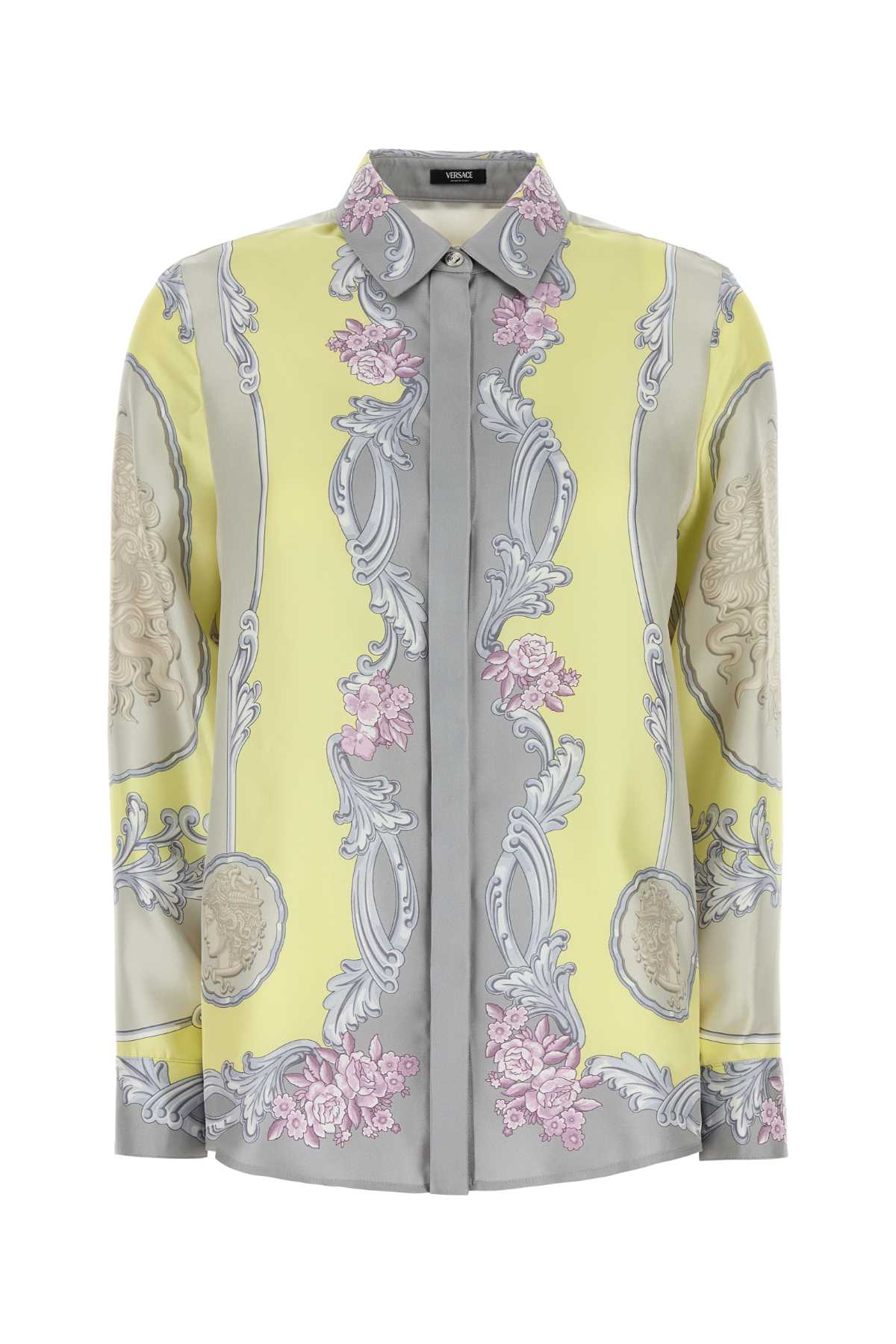 Versace Cameo Long-sleeved Silk Shirt In Paleyellowlightgrey