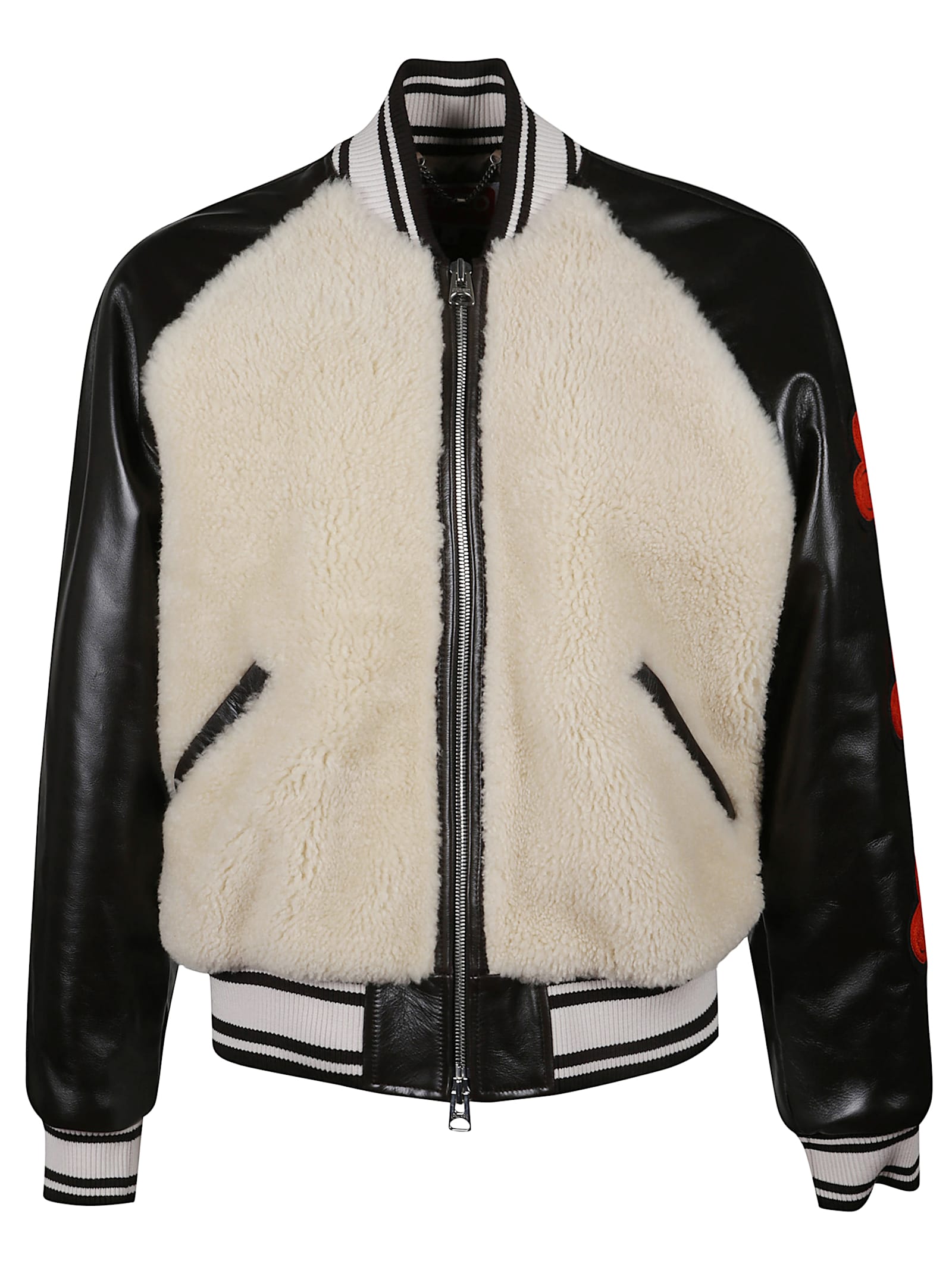 Kenzo Beige Shearling-effect And Brown Leather Bomber Jacket In Black