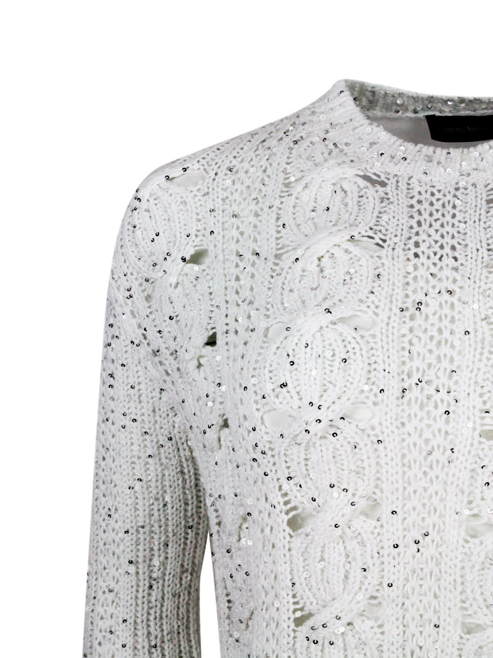 Shop Lorena Antoniazzi Long-sleeved Crew-neck Sweater In Cotton With Braided Work Embellished With Microsequins And Back Pa In White