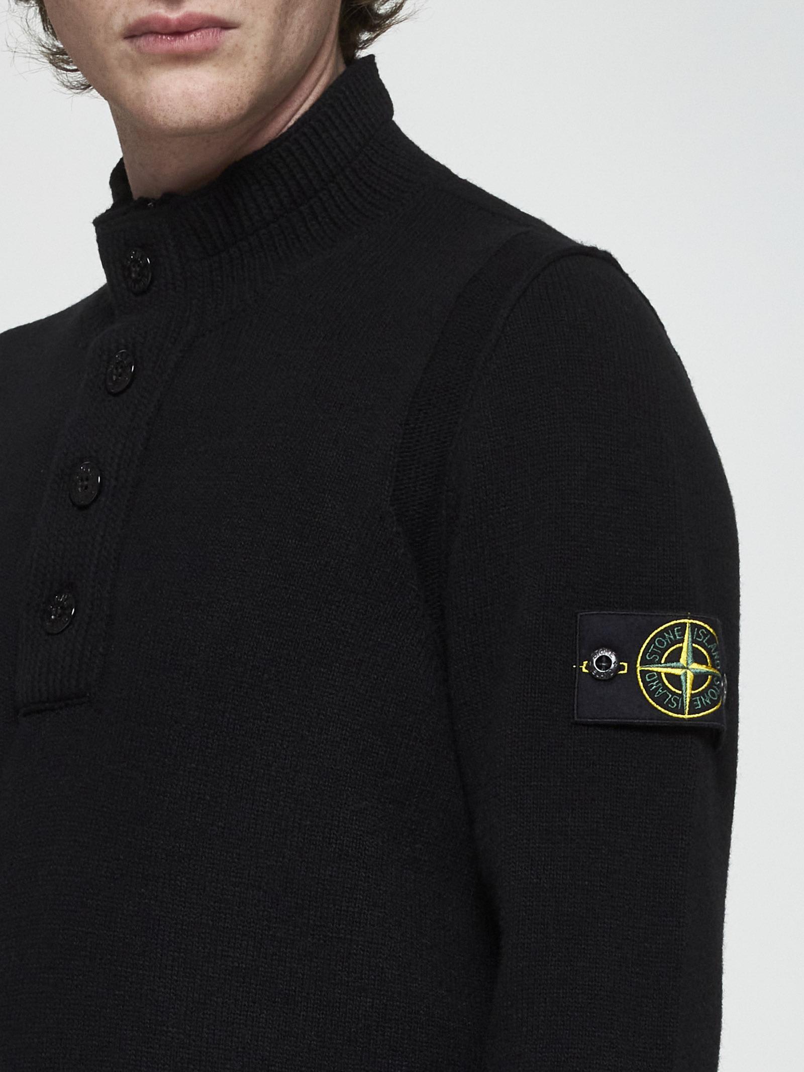 Shop Stone Island Button-collar Wool-blend Sweater In Black