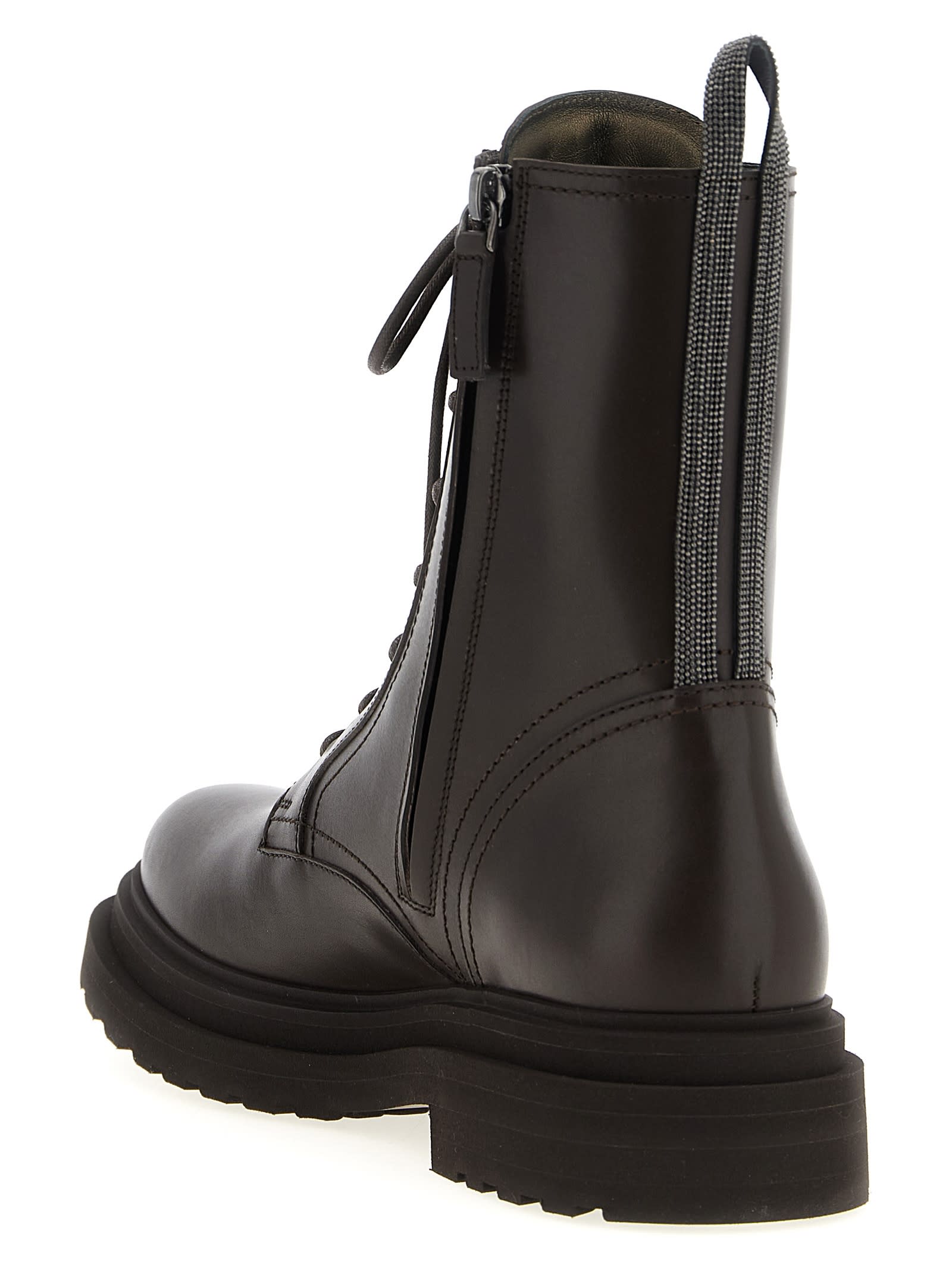 Brunello Cucinelli Shiny Loop Detail Combat Boots In Brown