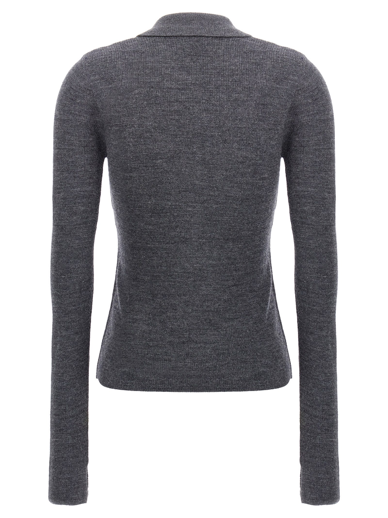 Ganni Grey Sweater With Classic Collar And Check Motif On The Front In Wool Woman In Gray