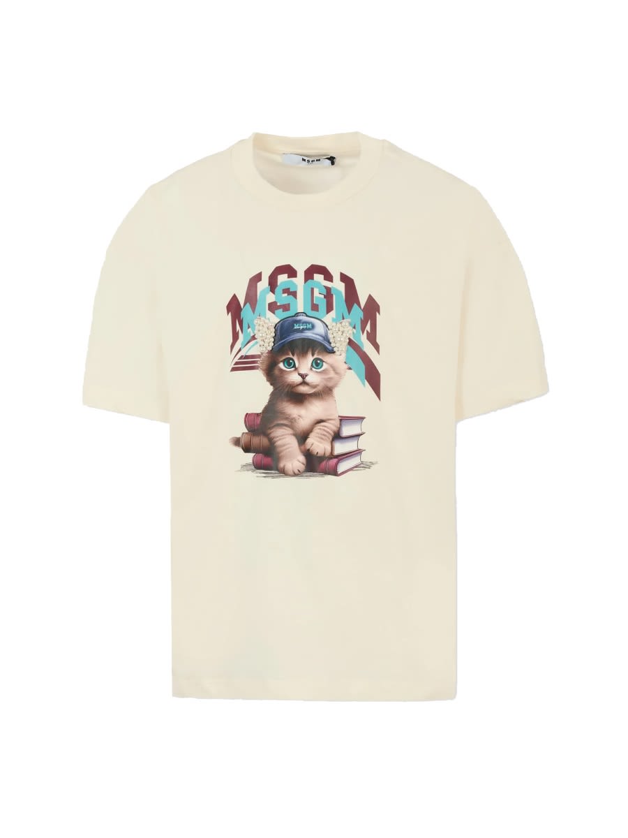Msgm Ivory T-shirt For Girl With Cat In Neutral