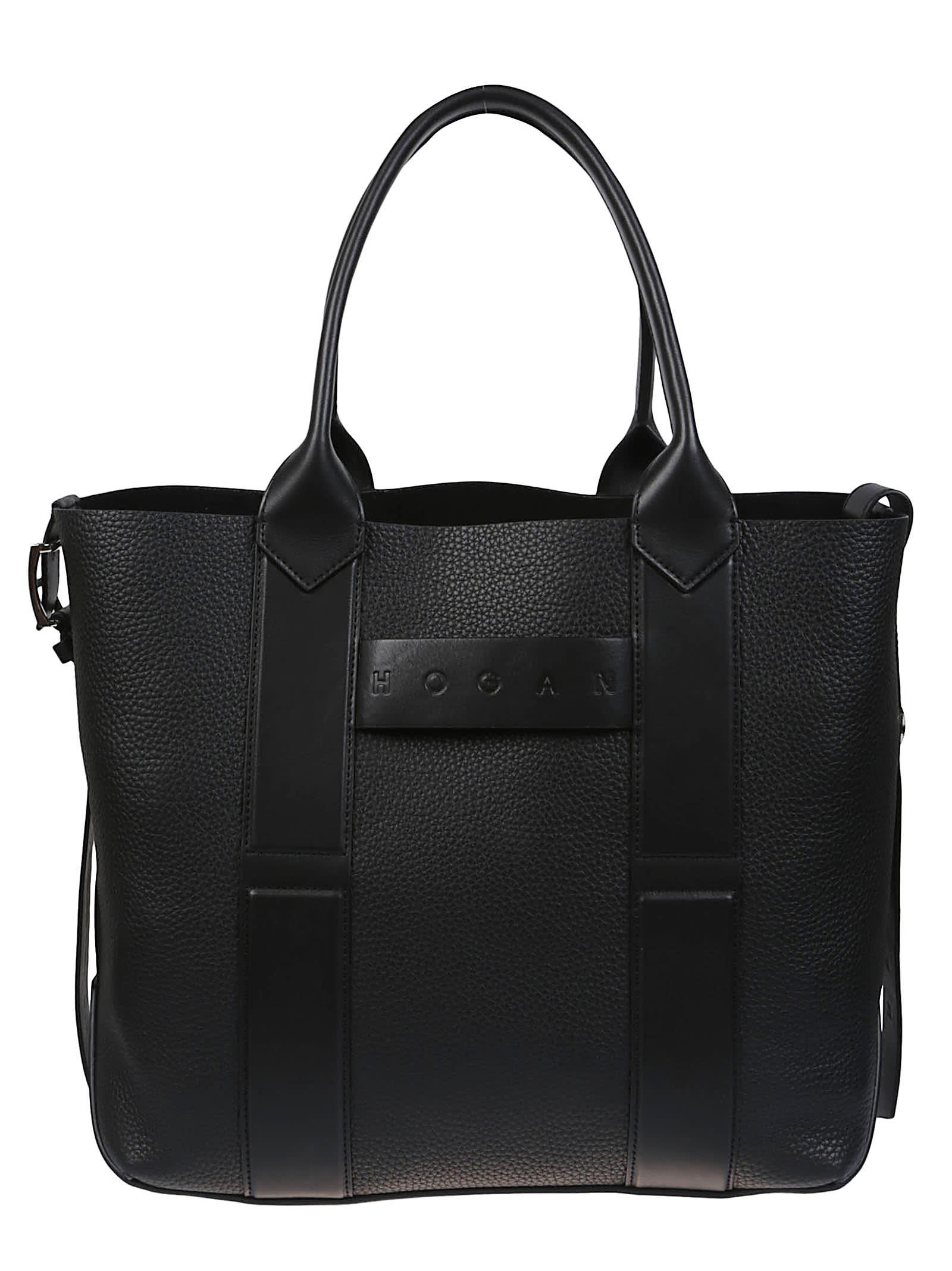 Hogan Medium Script Shopping Bag With Textured Leather Finish In Black