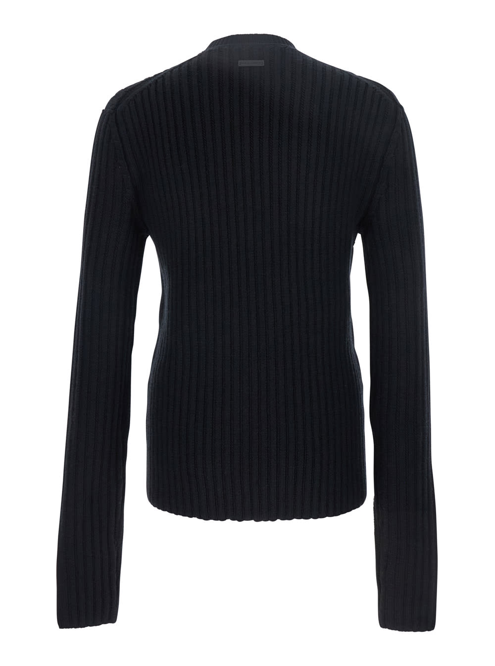 Dolce & Gabbana Men Black Ribbed Knit Crewneck Sweater With Logo Patch On The Rear In Wool Man In Black