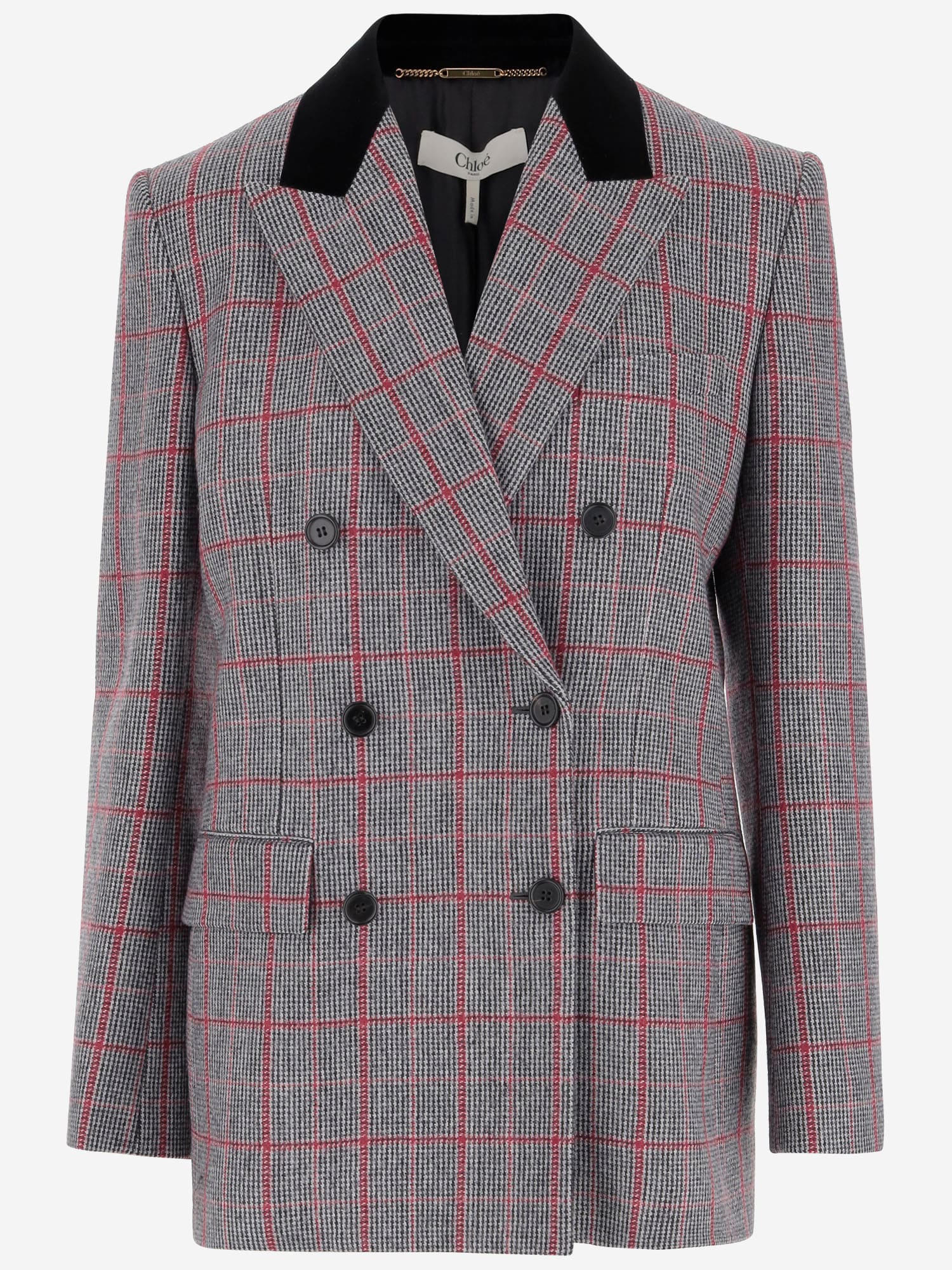Chloé Double-breasted Velvet-trimmed Checked Wool Blazer