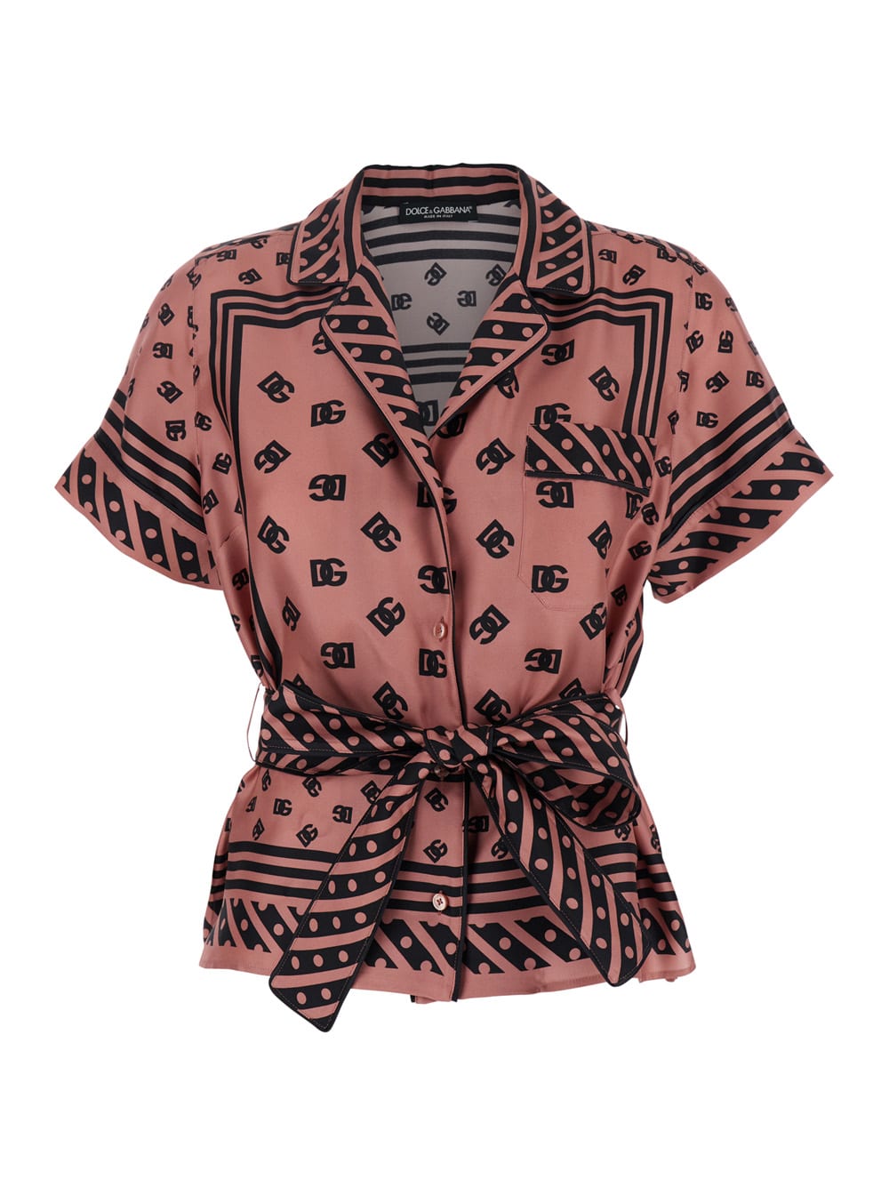 Dolce & Gabbana Pink Shirt With All-over Printed Dg Logo And Waist Belt In Silk Woman In Pink