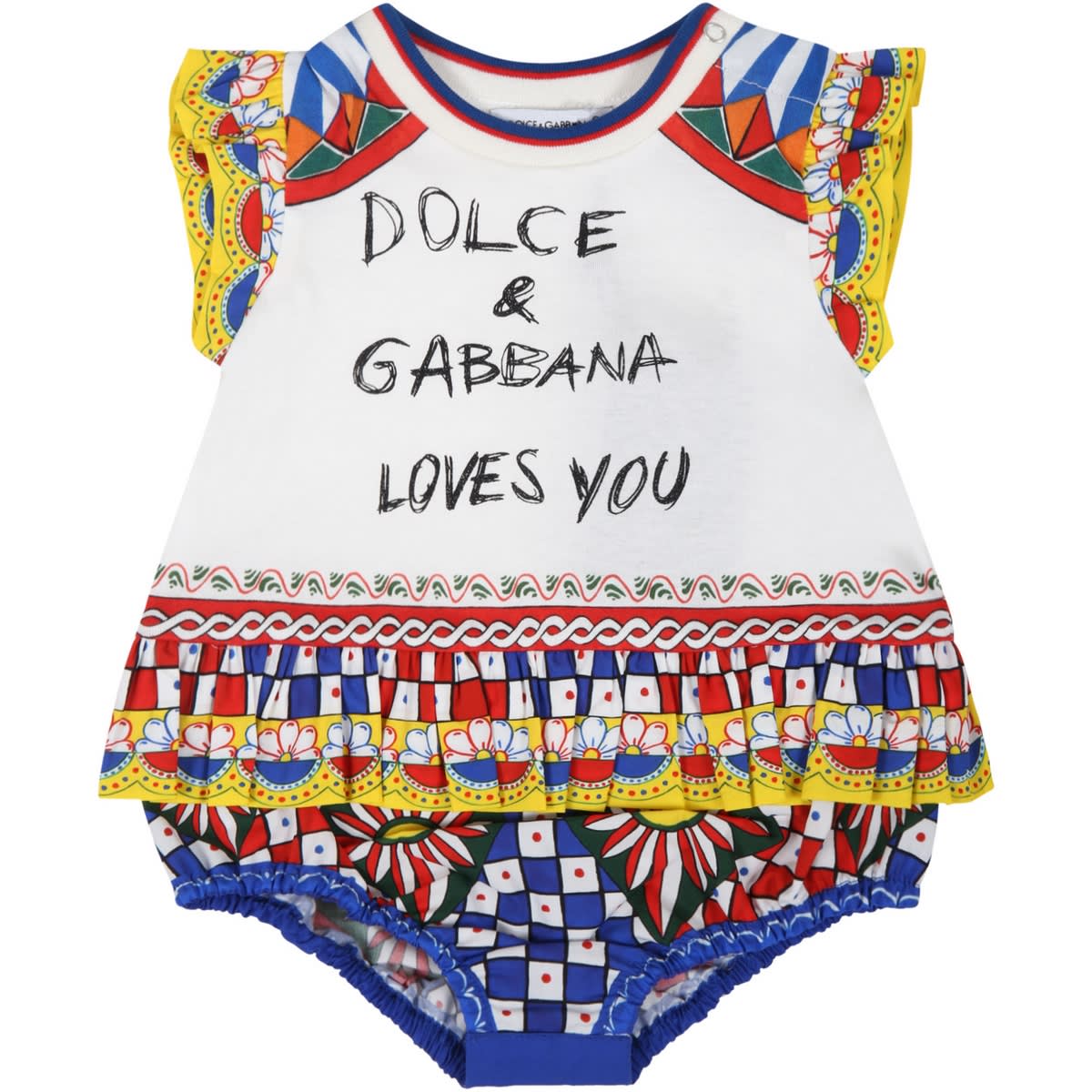 Dolce & Gabbana White Romper For Baby Girl With Logo