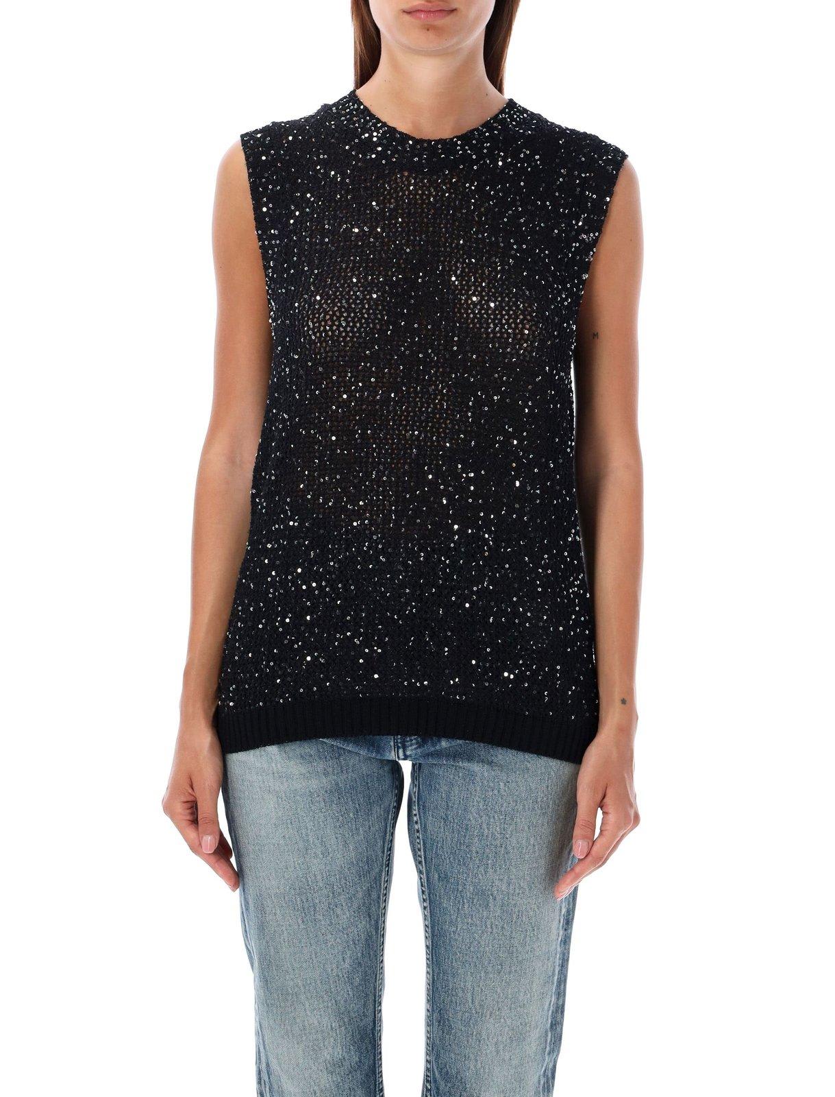 Shop Golden Goose Sequined Mesh Knitted Tank Top In Black