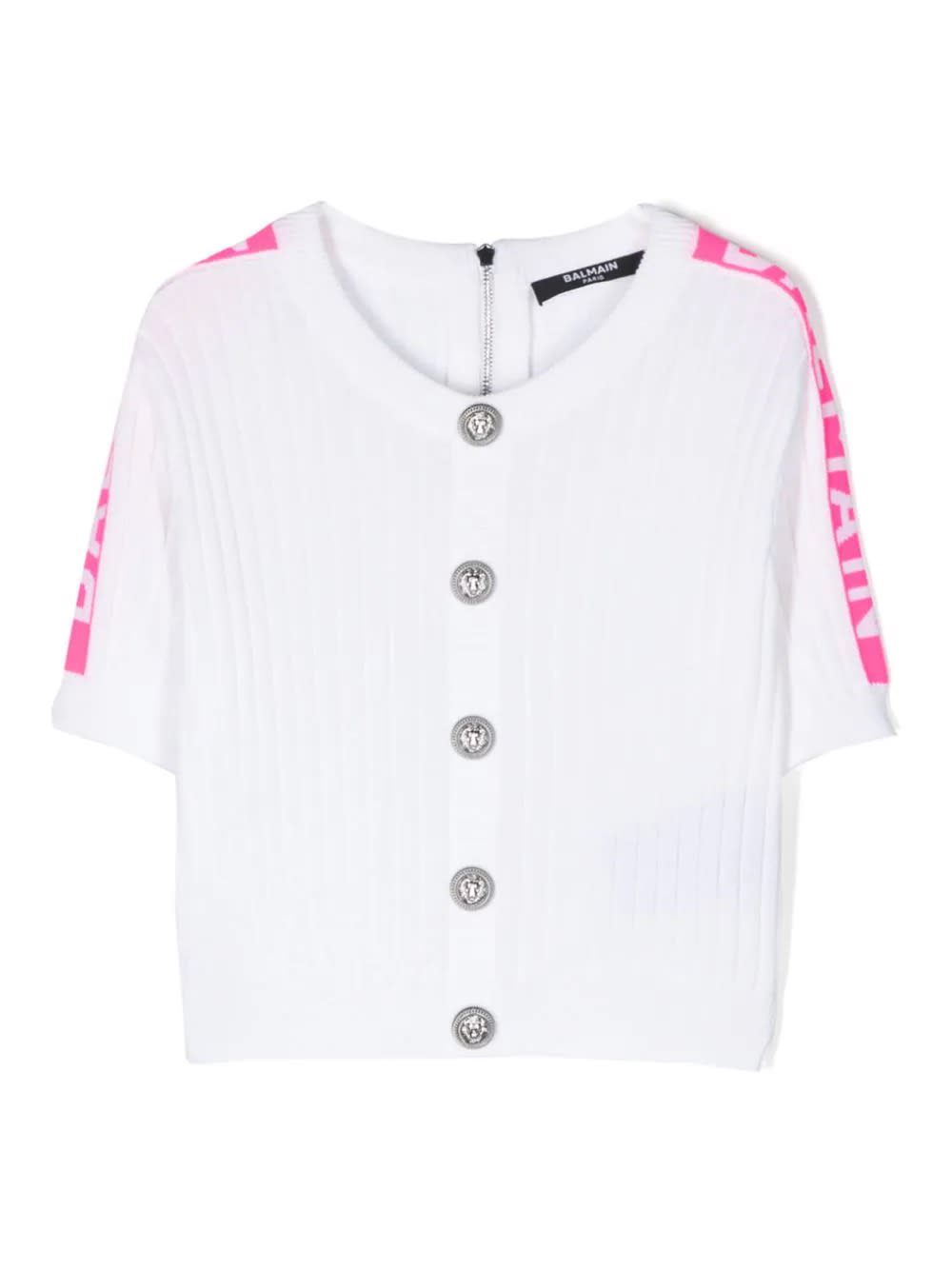 Shop Balmain Ribbed Knit Cardigan With Jacquard Logo Motif In White